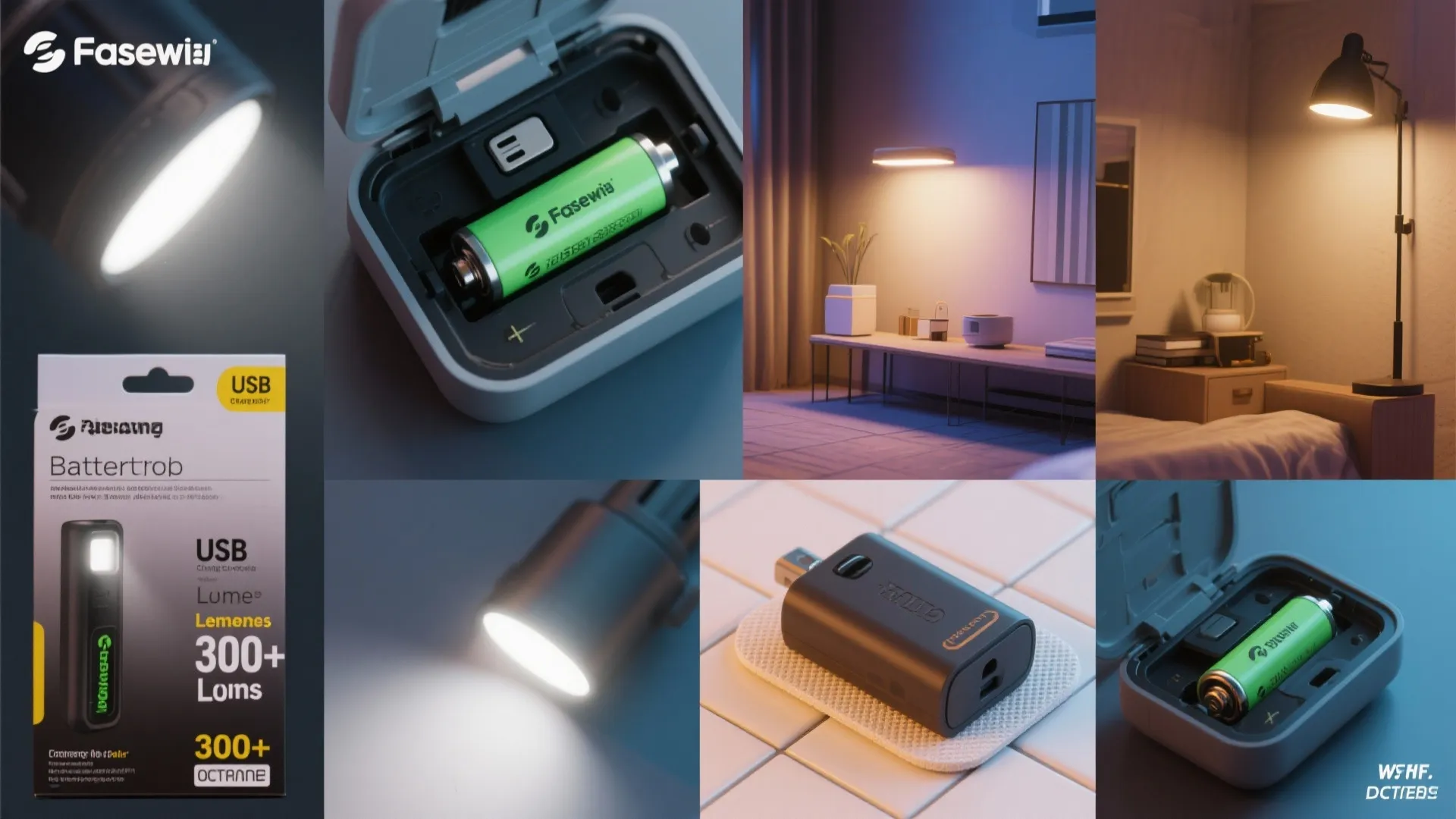 Collage of battery compartments, USB charger docks, adhesive pads and lumens label illustrating FAQ points.