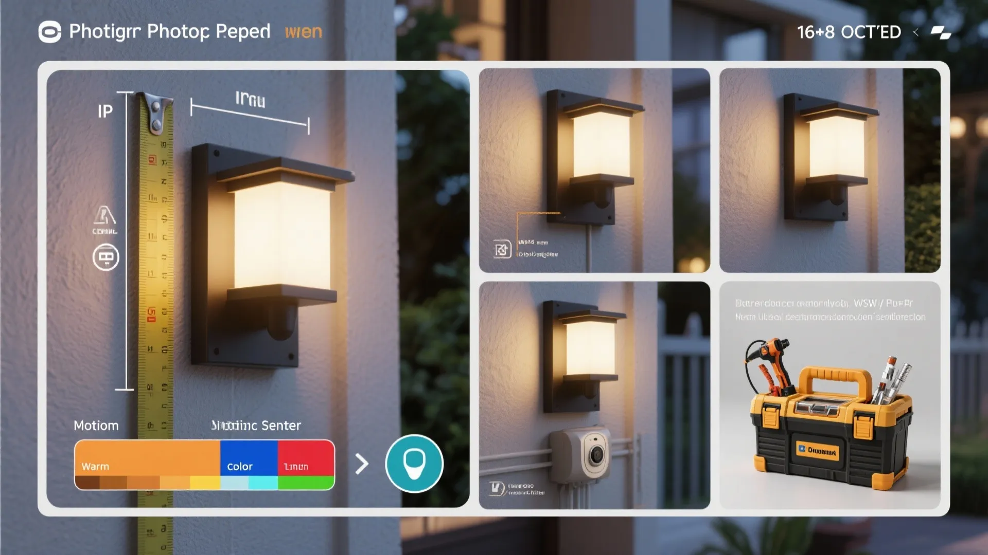 Infographic showing wall light measurements color options installation tools and different angles for outdoor lighting