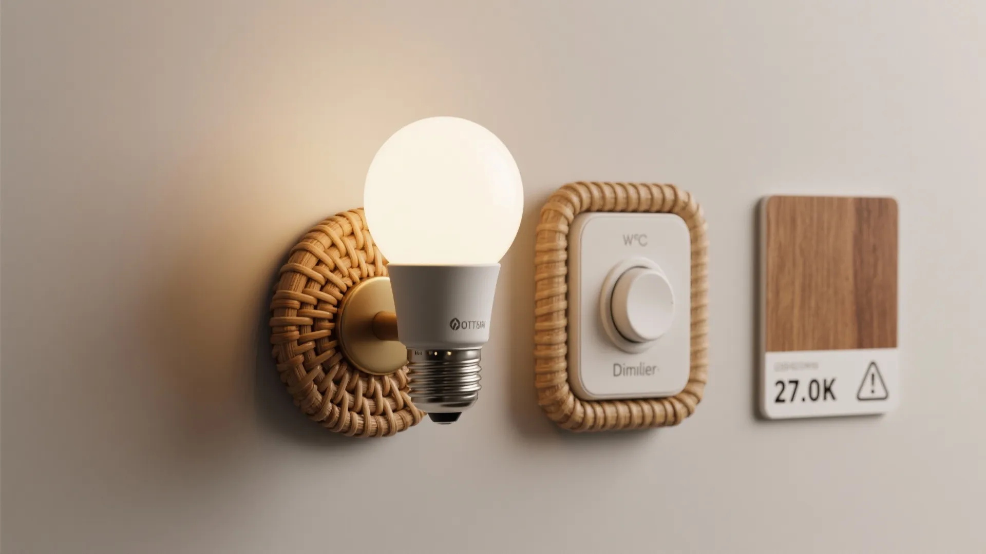 Wall light components featuring a glowing light bulb woven base dimmer switch and wood sample