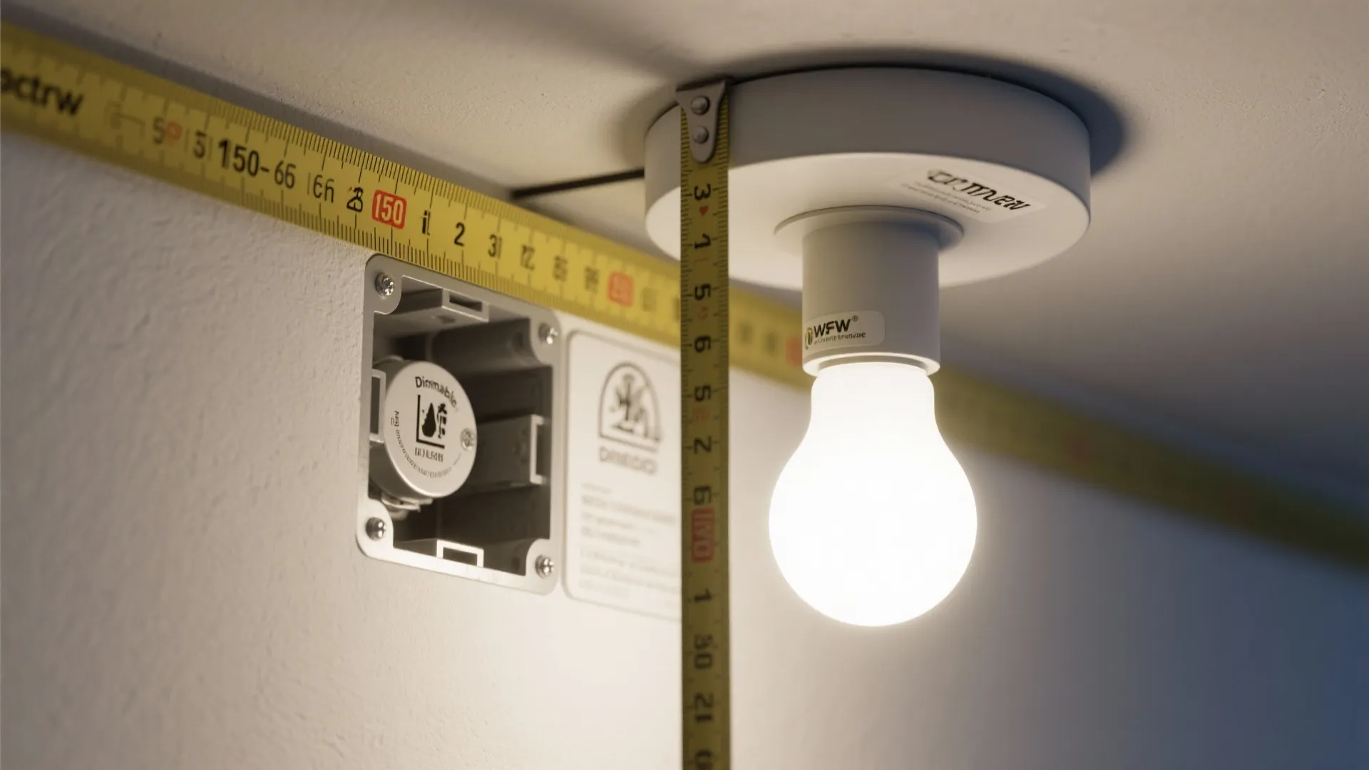 Close-up collage of mounting height, dimmable LED bulb, junction box depth, and damp-rating icon