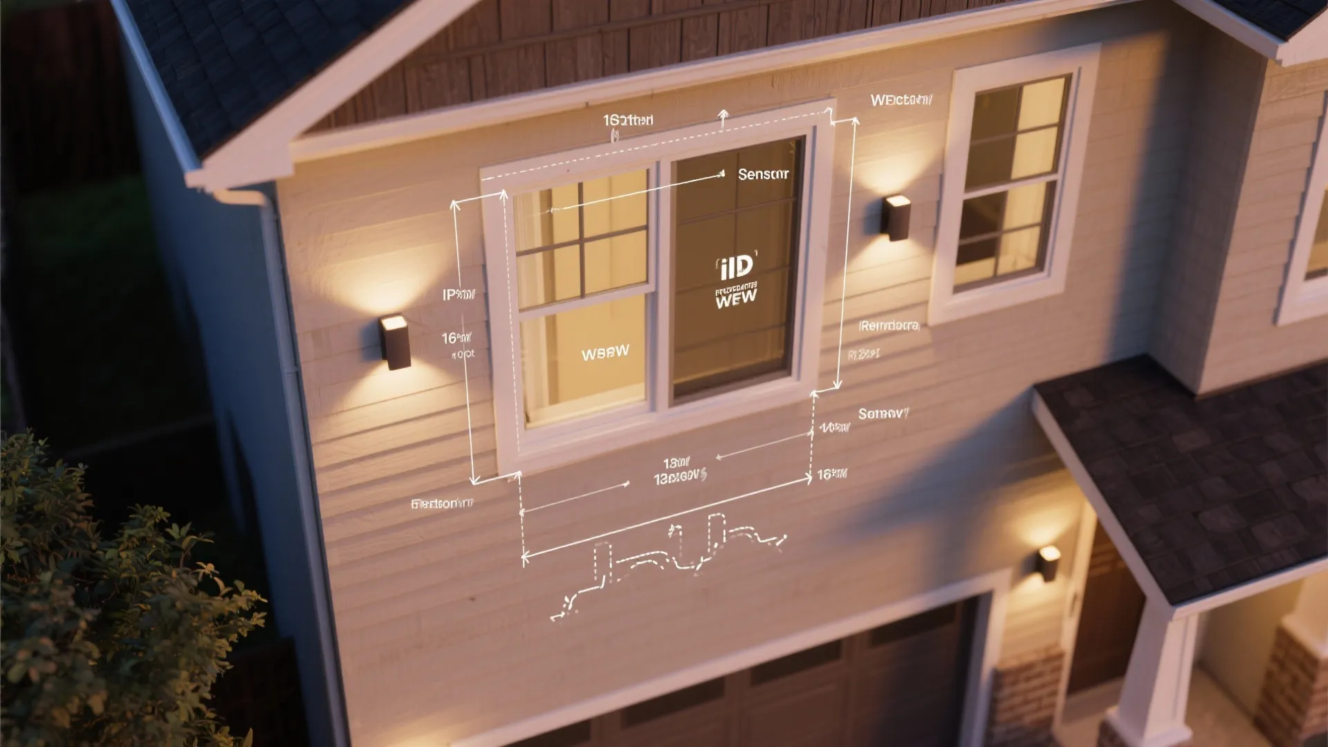 Exterior house diagram showing window measurement details with wall lights installed on the beige siding