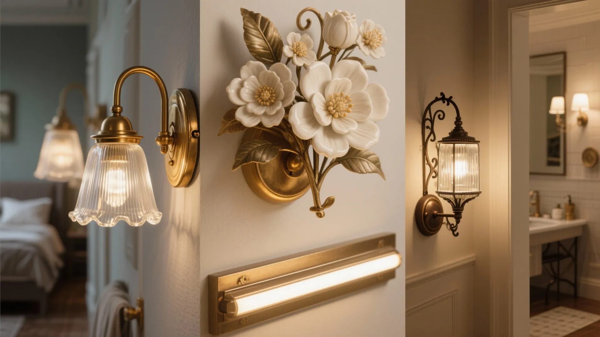 Four different styles of wall light fixtures including flower shapes and classic glass lamp designs