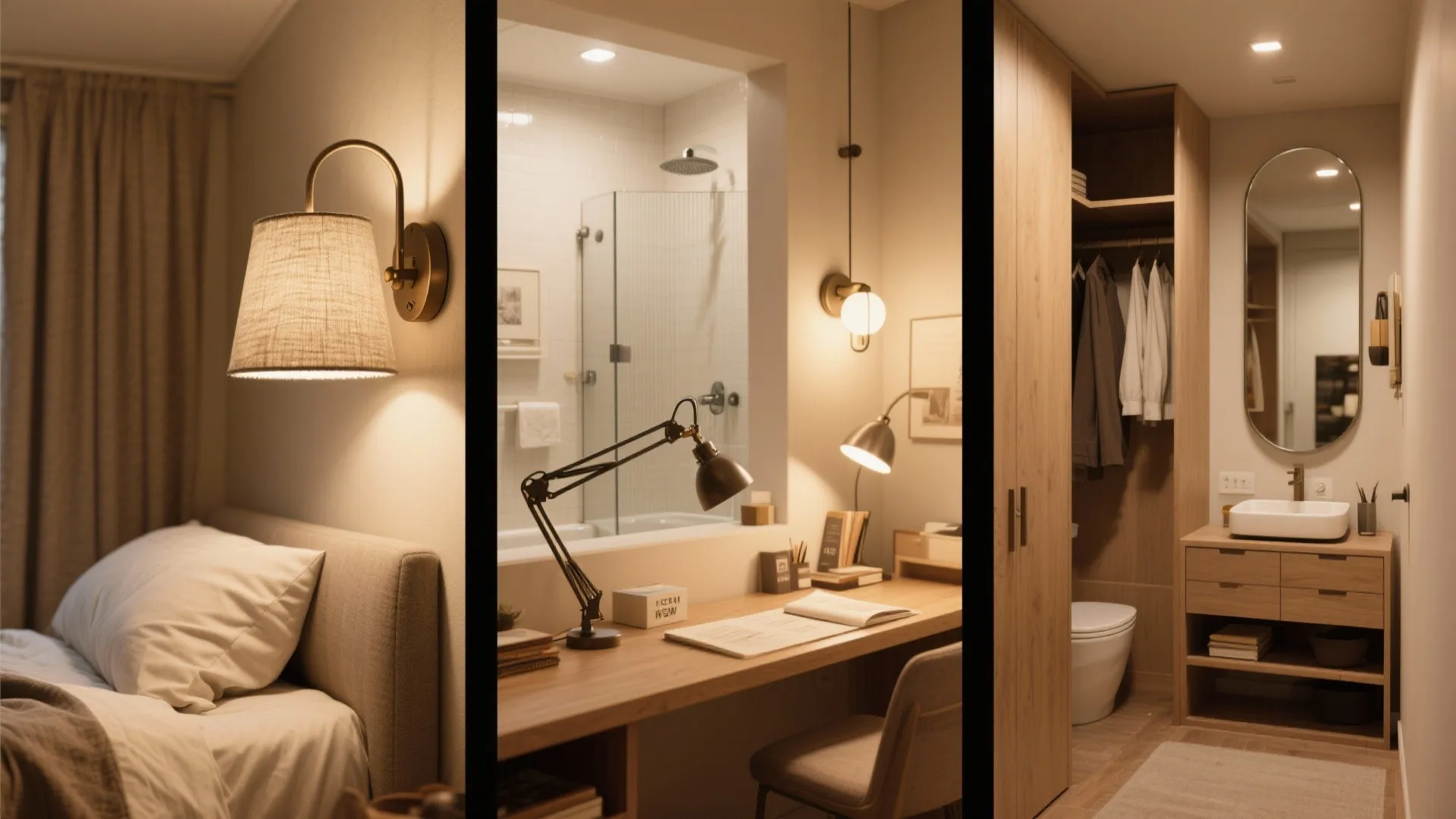 Interior design collage showing a bedroom and bathroom with various wall lights and wooden furniture