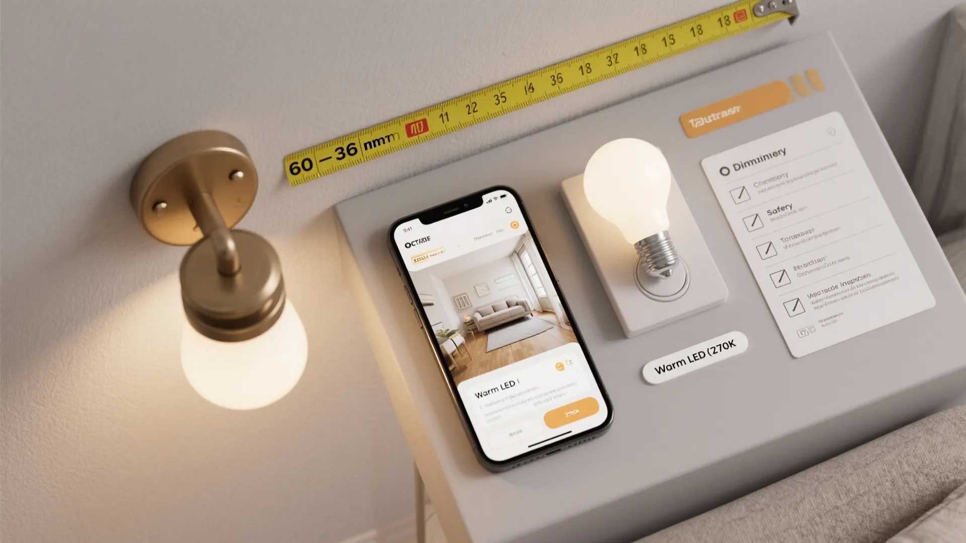 Smartphone displaying interior design app next to light bulb and measuring tape on a table