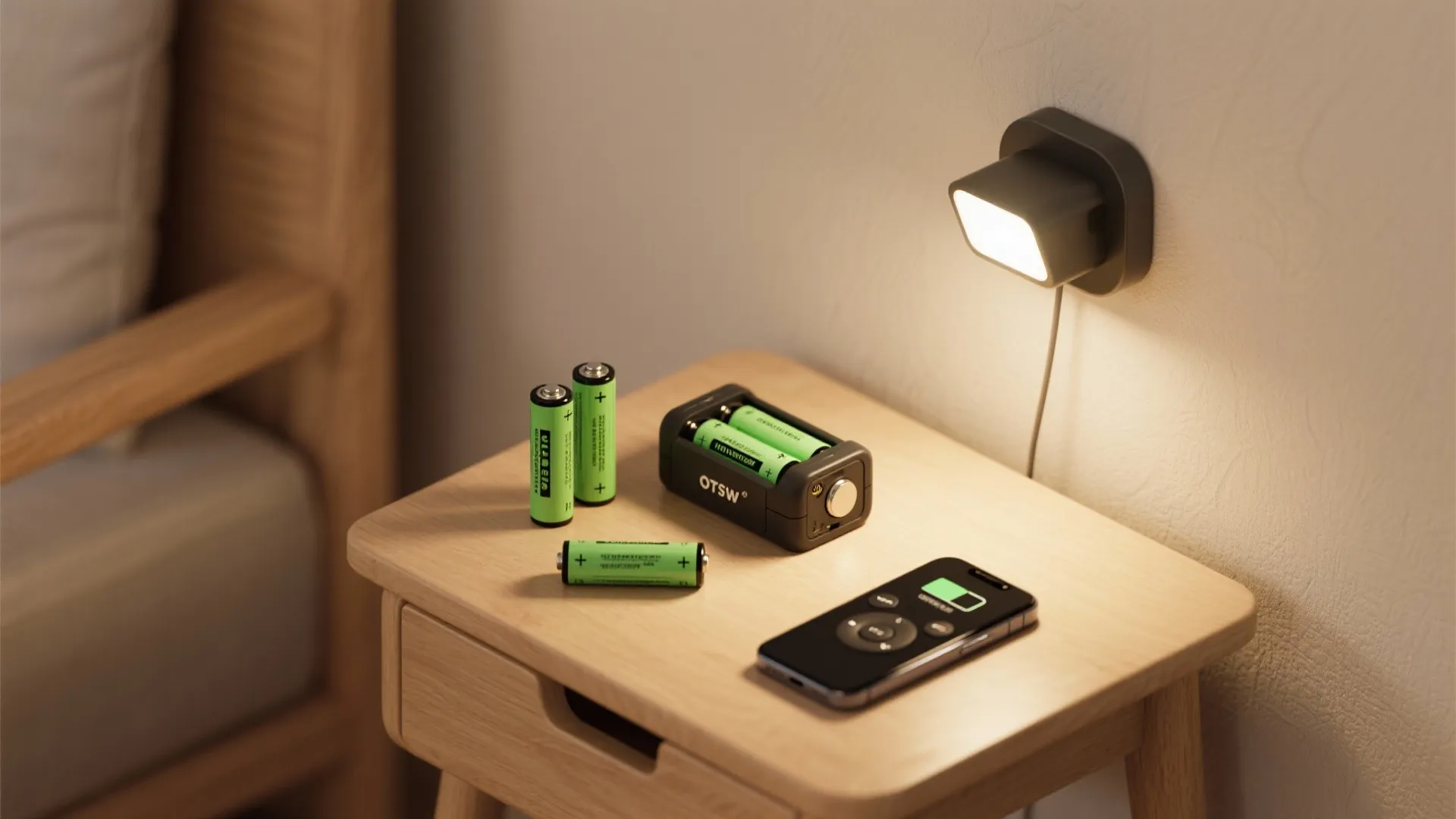 Battery replacements, rechargeable pack, and remote control arranged for battery sconce FAQ imagery.
