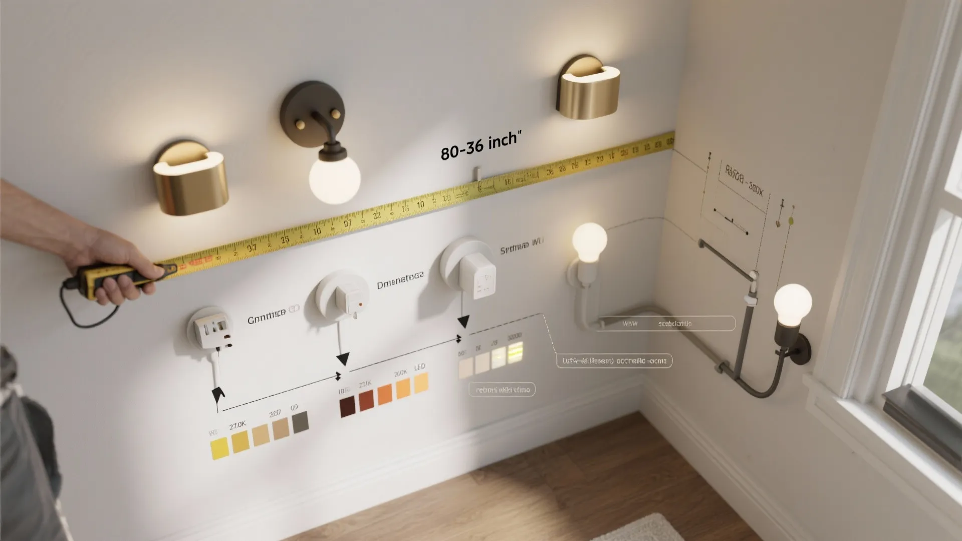 A person using a yellow measuring tape to check the height for installing wall lights