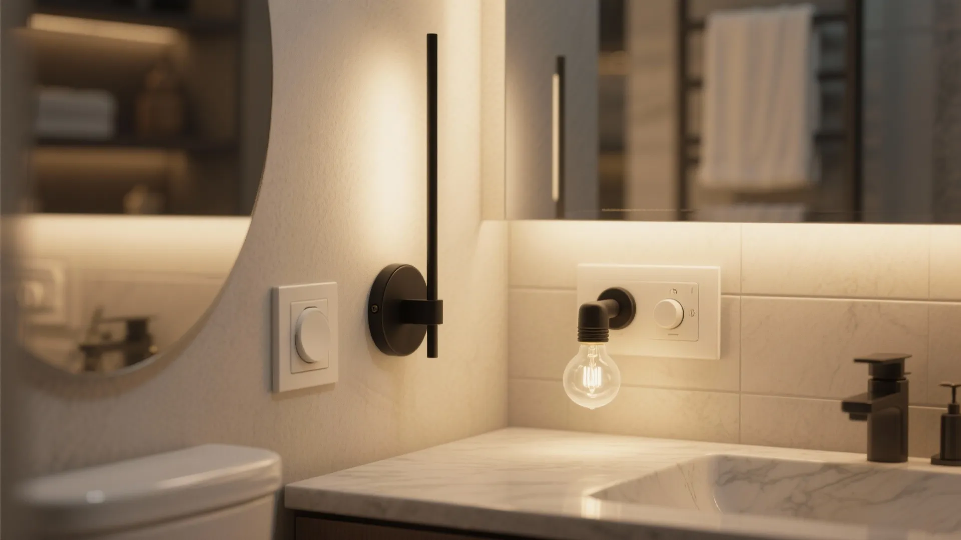 Small bathroom vignette showing slim black sconce, dimmer switch, and frosted bulb option for glare control