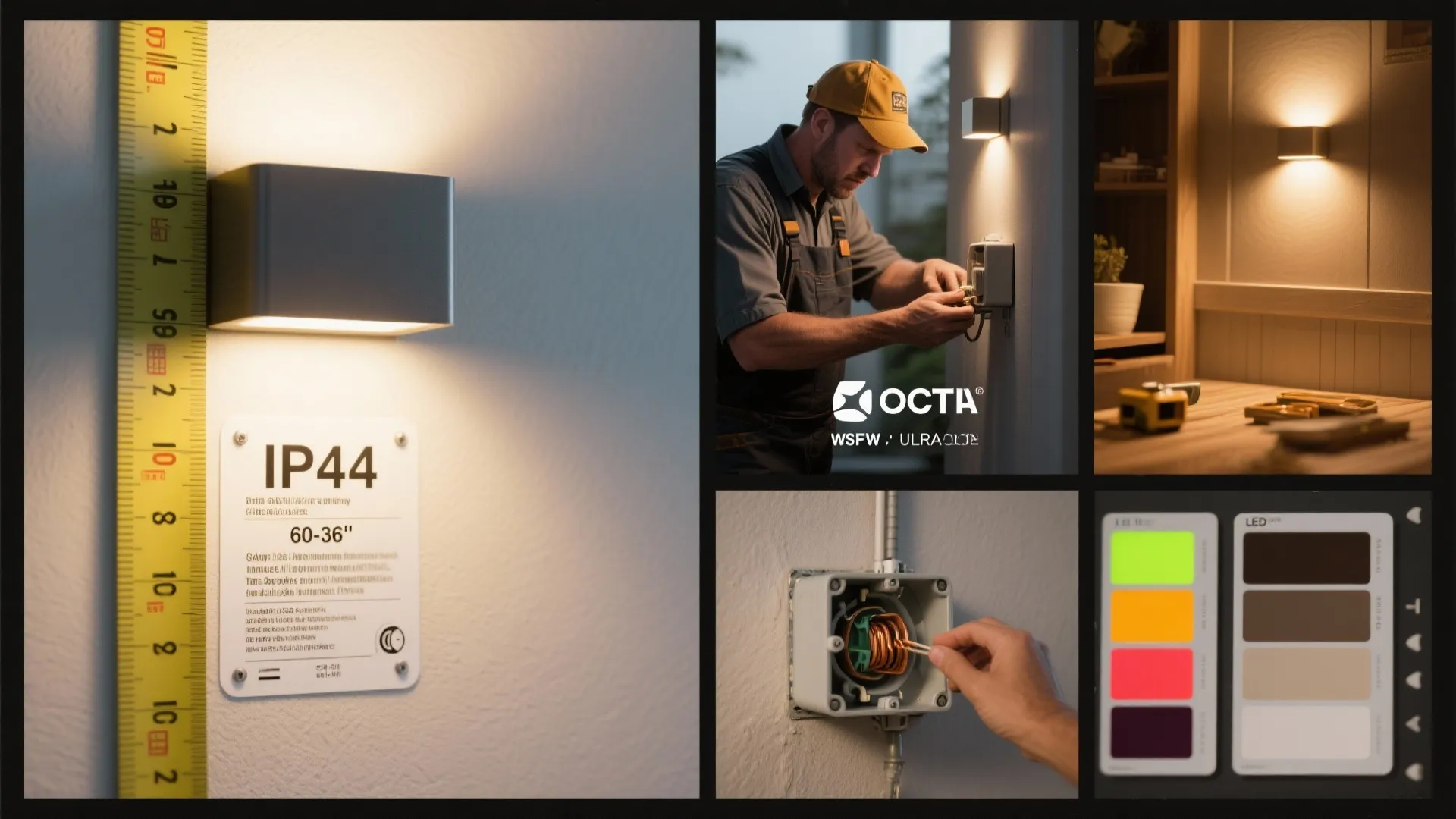 Composite vignettes: IP rating label, tape measure showing sconce height, electrician at a junction box, and LED color swatches.