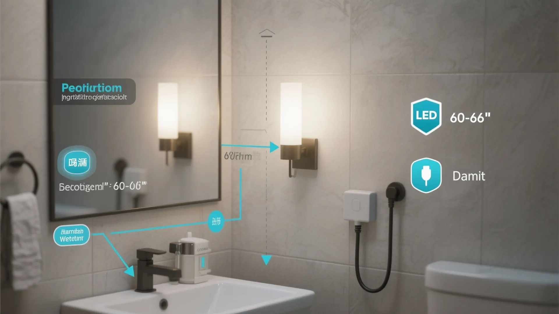 Visual guide showing recommended sconce height, wet/damp placement and wiring options in a bathroom scene