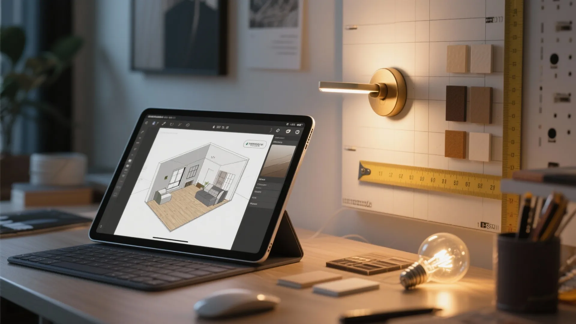 Desk workspace showing a tablet with 3D interior design and a gold wall light above