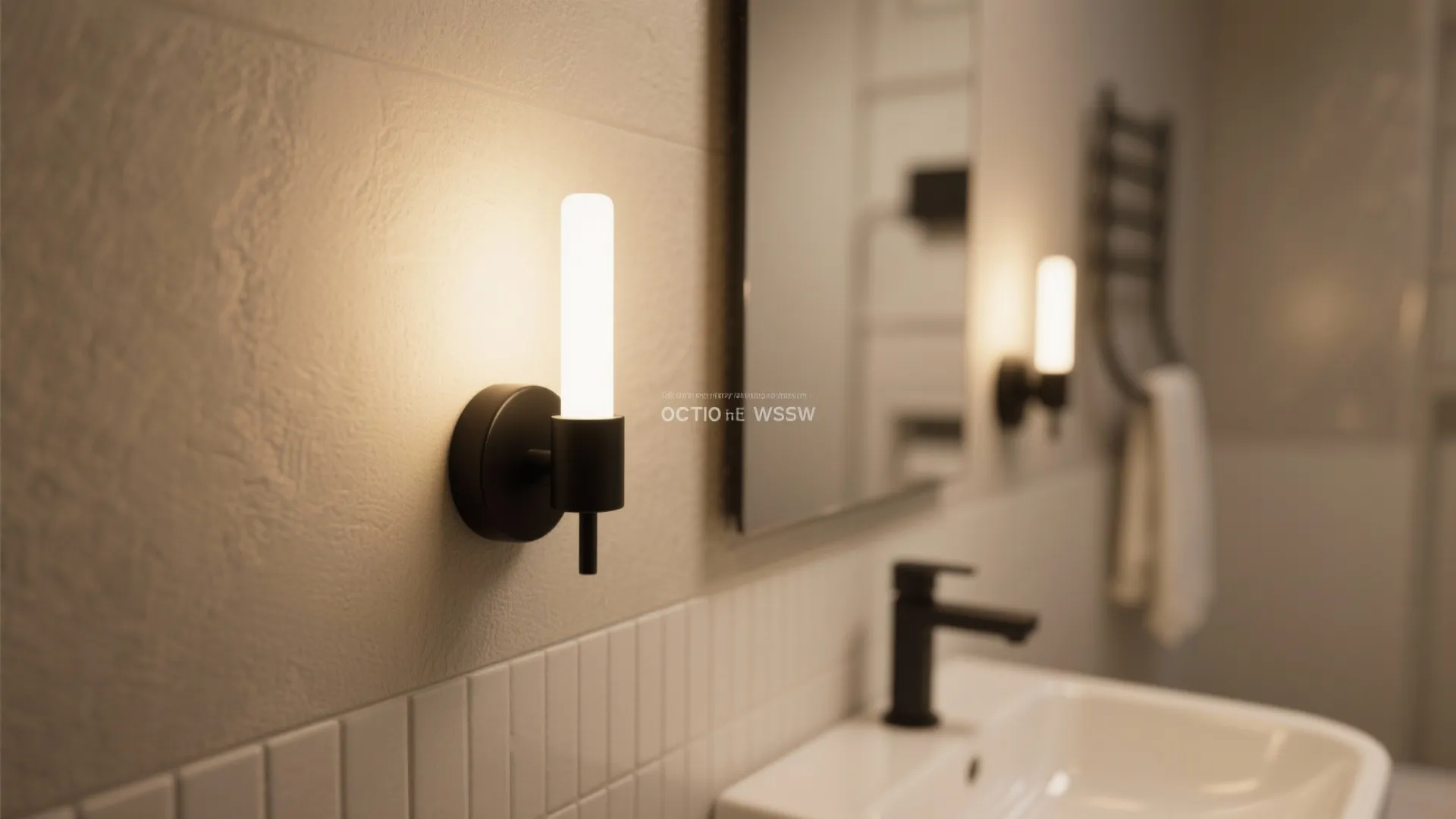Matte black LED sconce beside a vanity mirror casting soft warm light on sink and tile