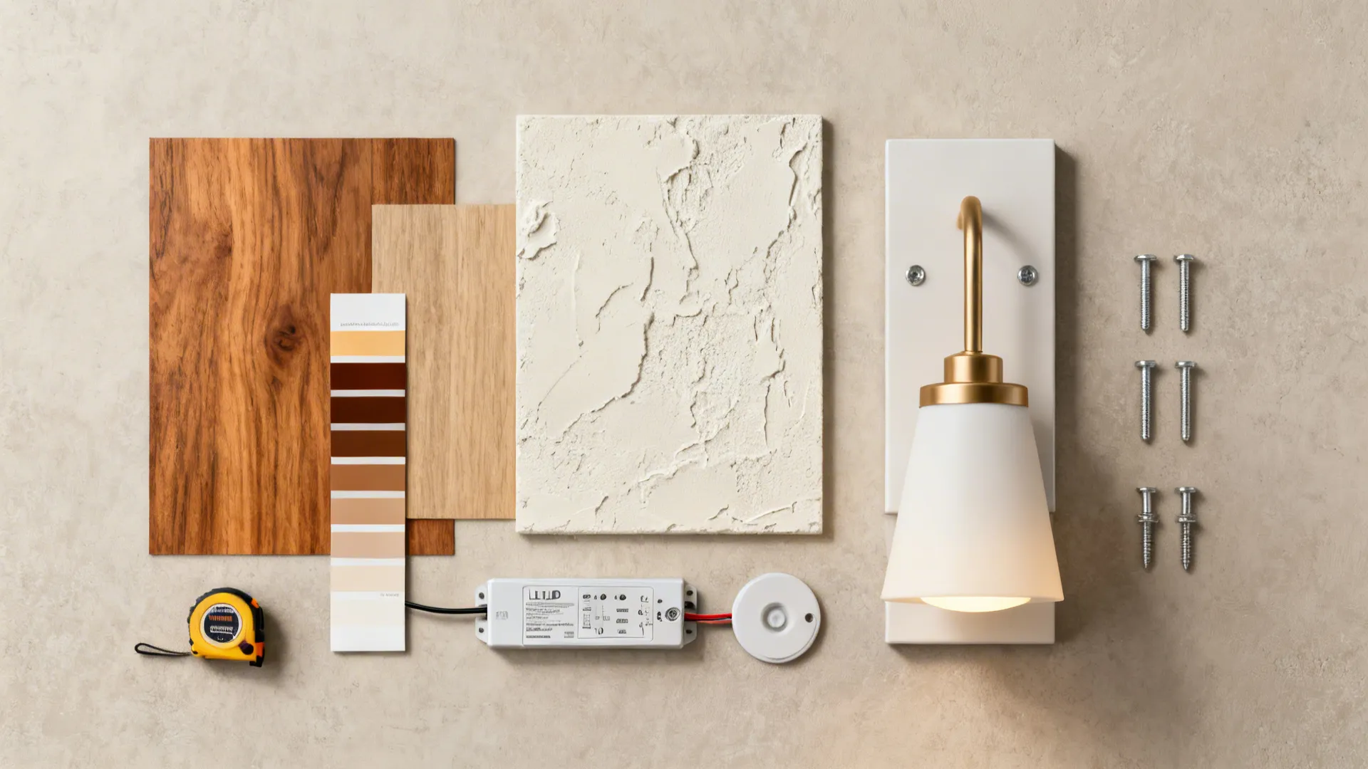 Flatlay of materials for sconce planning including wood swatches, plaster sample, dimmer module, and mounting hardware.