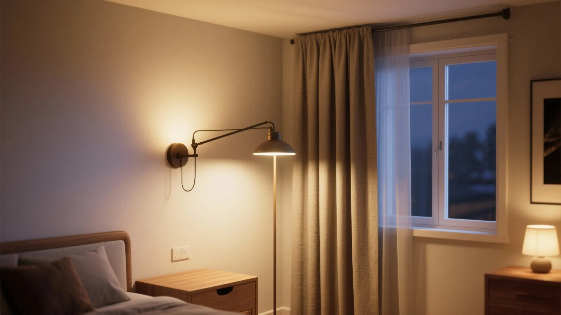 Bedroom interior featuring a black wall light bedside table wooden furniture and curtains near window