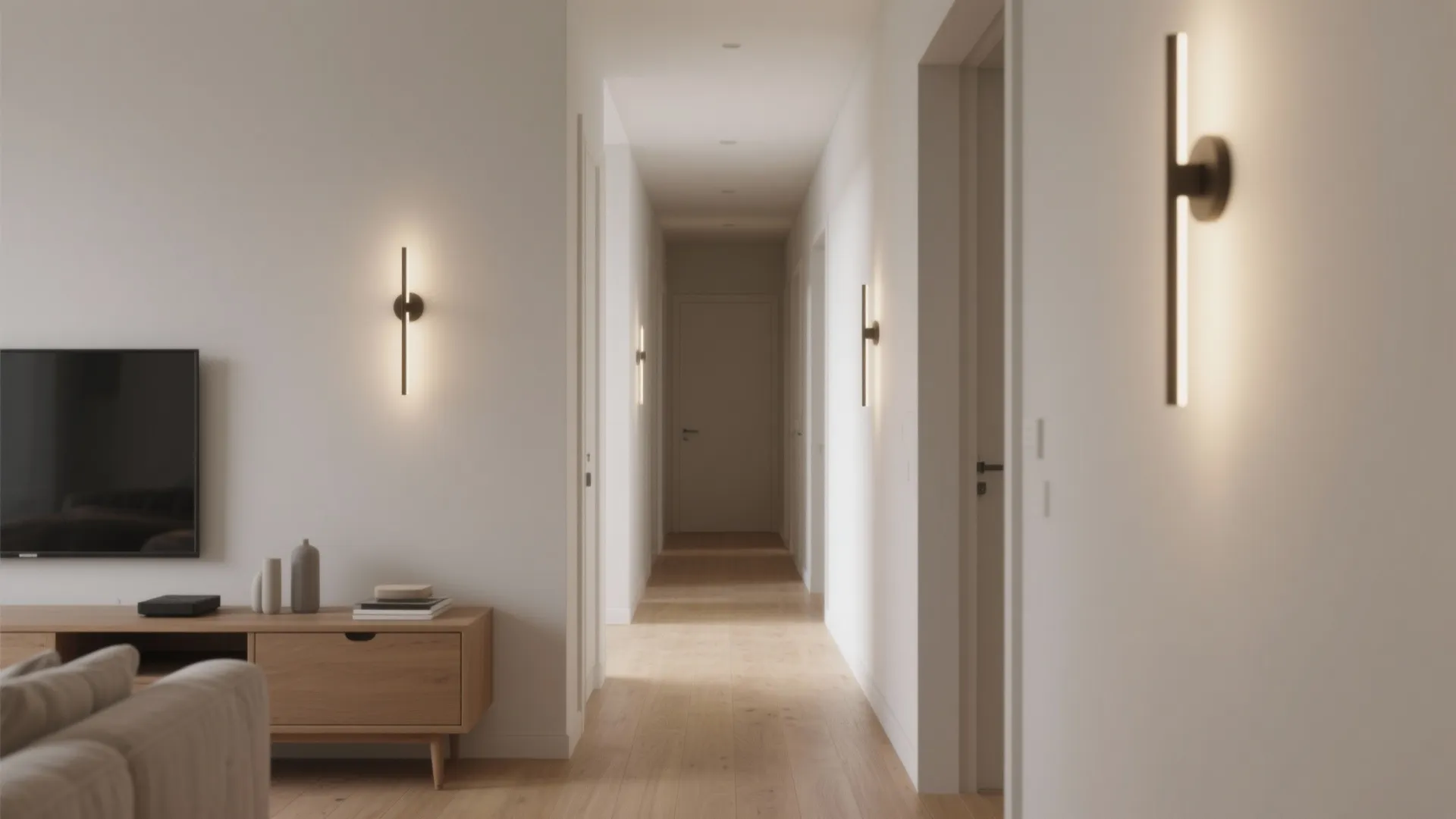 Modern hallway with white walls wooden floors and black wall lights near a wood cabinet