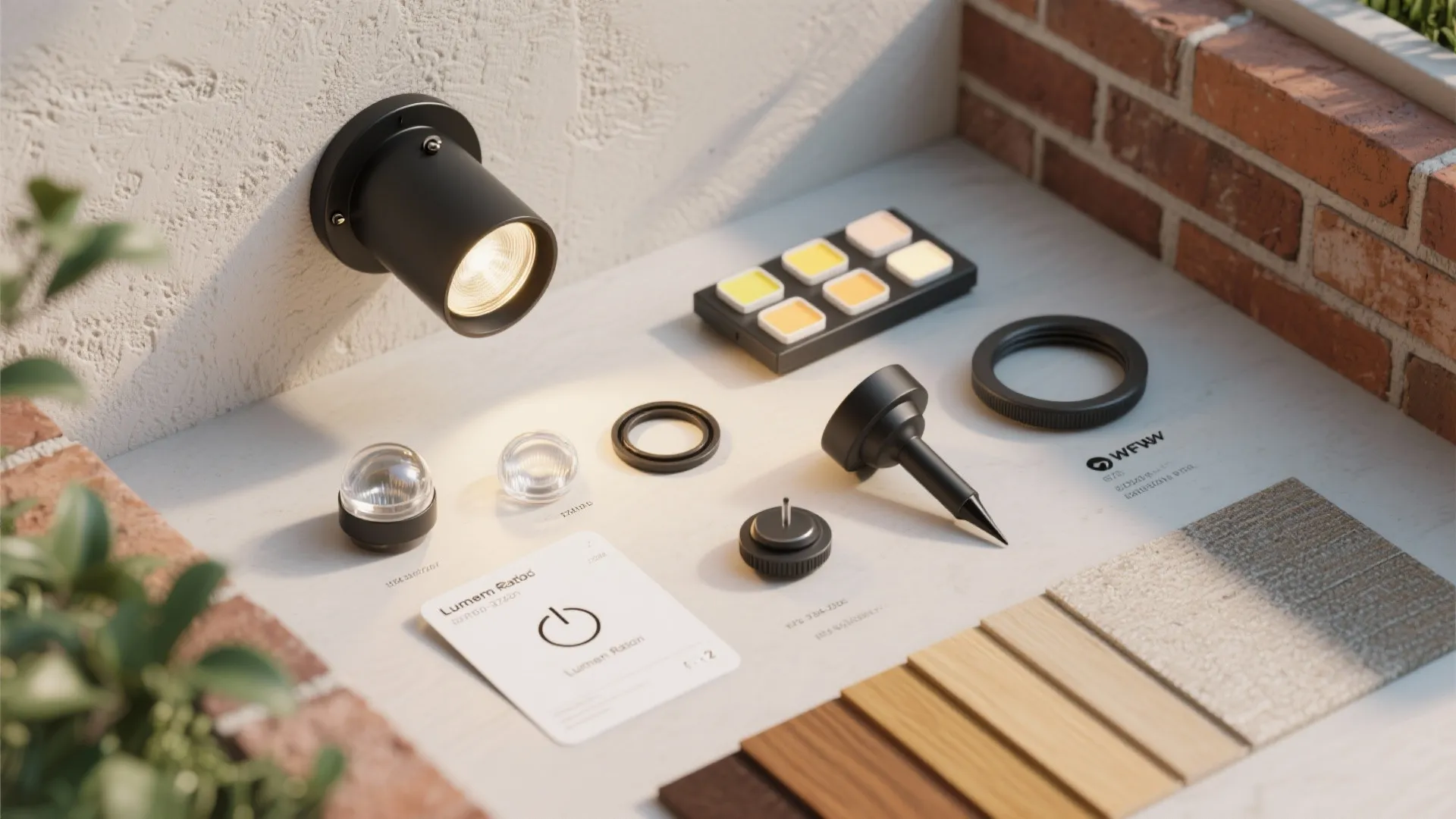 Flat lay of outdoor sconce and garden wash components with warm LED samples and facade materials.