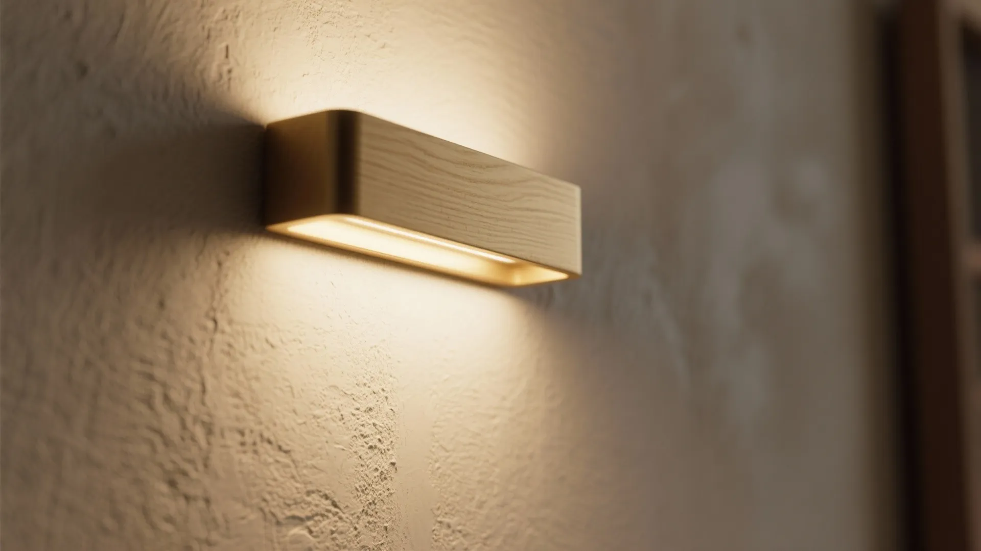 Modern rectangular wooden wall light fixture illuminating a textured beige wall with warm glowing light