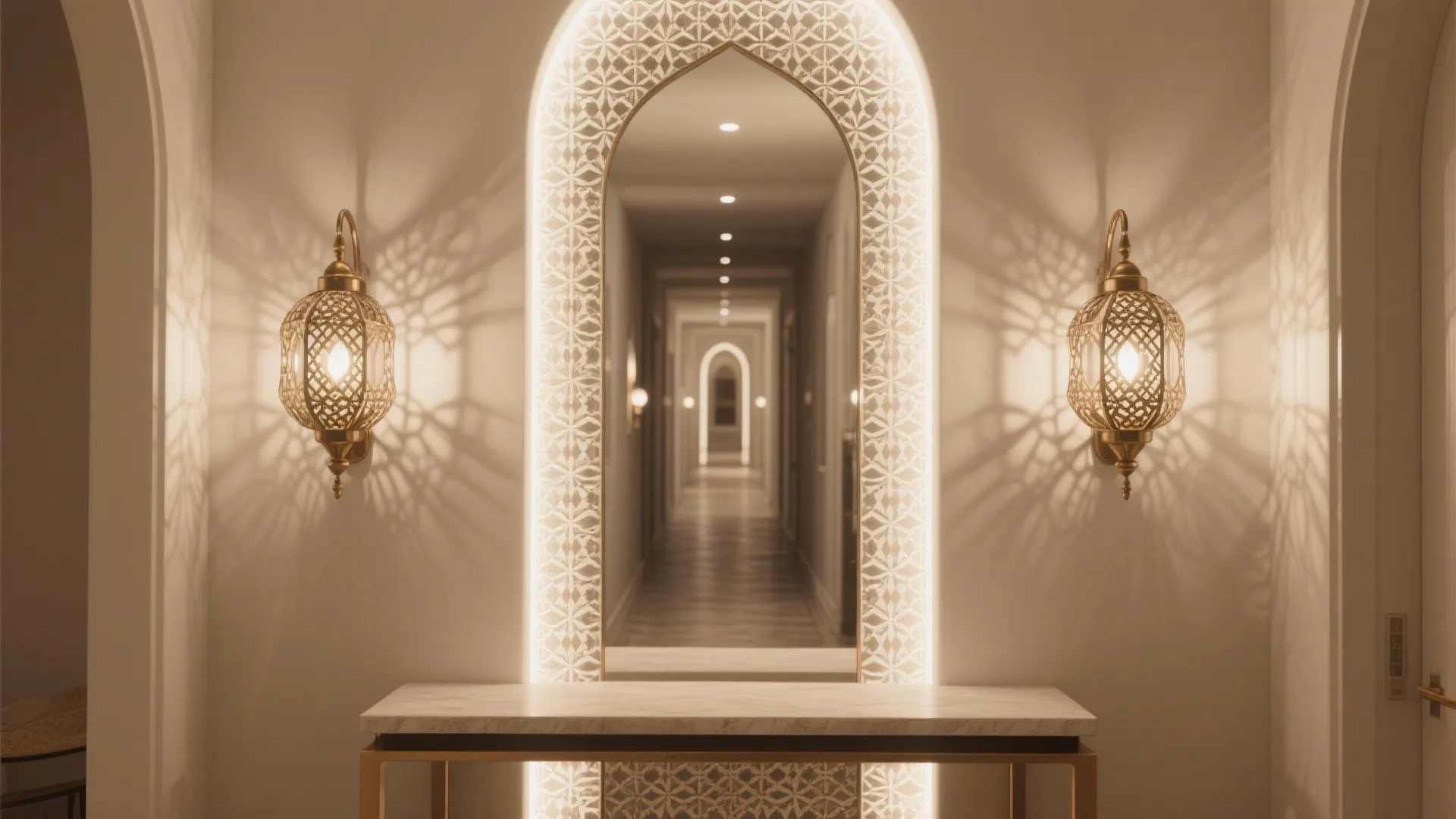 3. Mirror-flanking sconces to visually widen a hallway