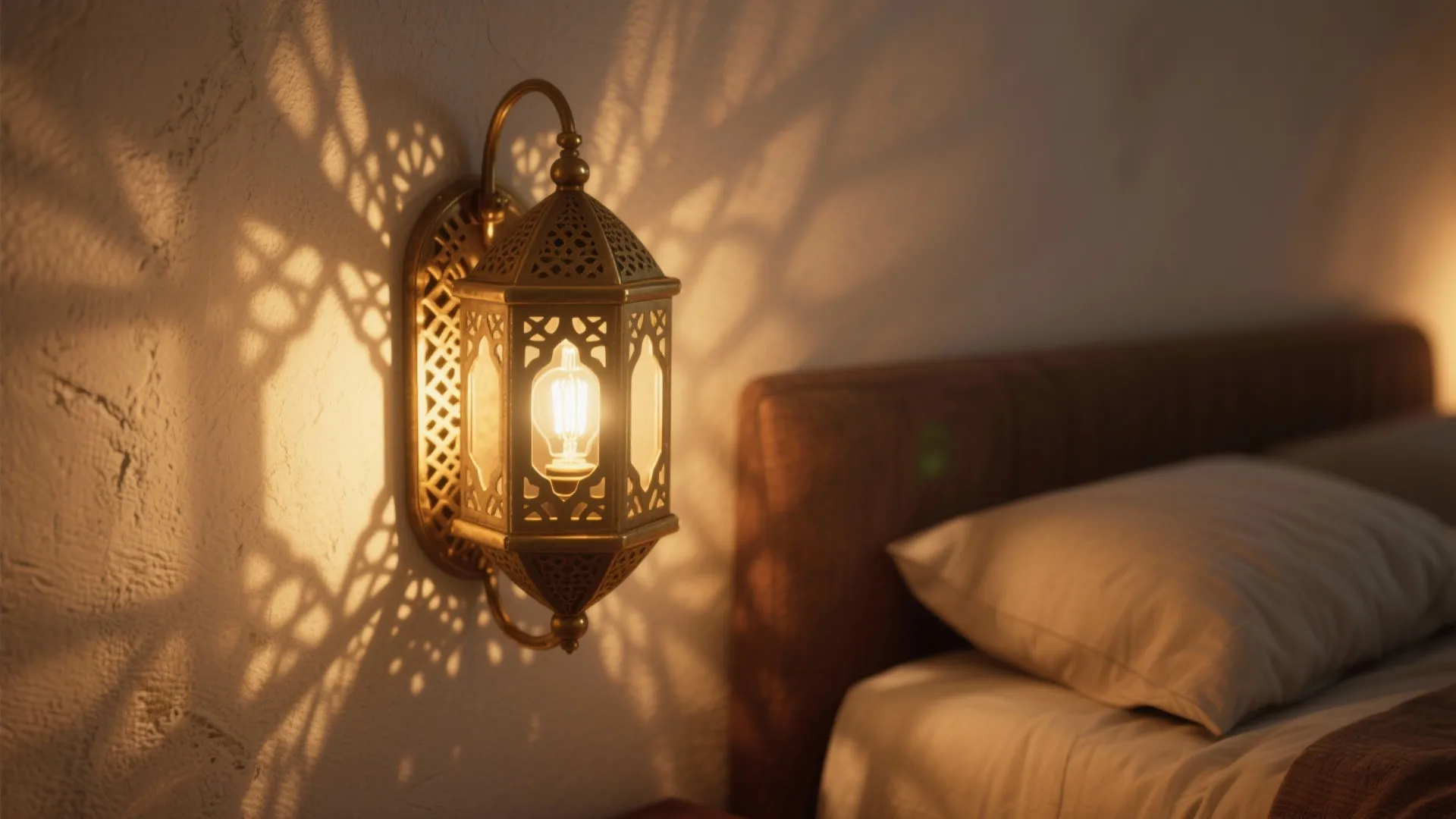 1. Layered ambient glow behind a slim headboard