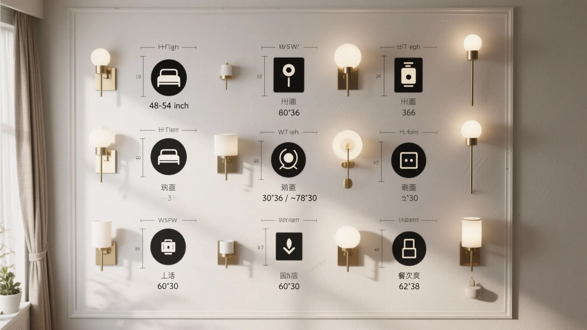 Infographic showing wall light height guides with measurements and icons for various different room layouts.