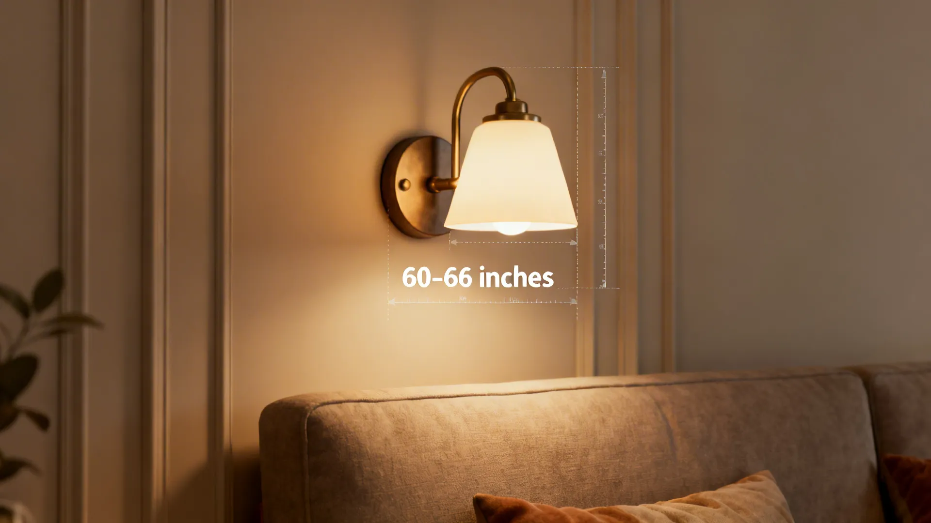 Wall sconce mounted above a sofa with measurement overlay indicating the recommended 60–66 inch height.