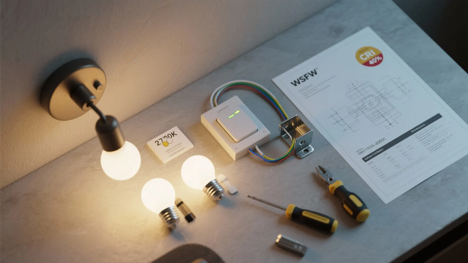 Modern black wall light bulbs with screwdriver and pliers plus interior design drawing on table
