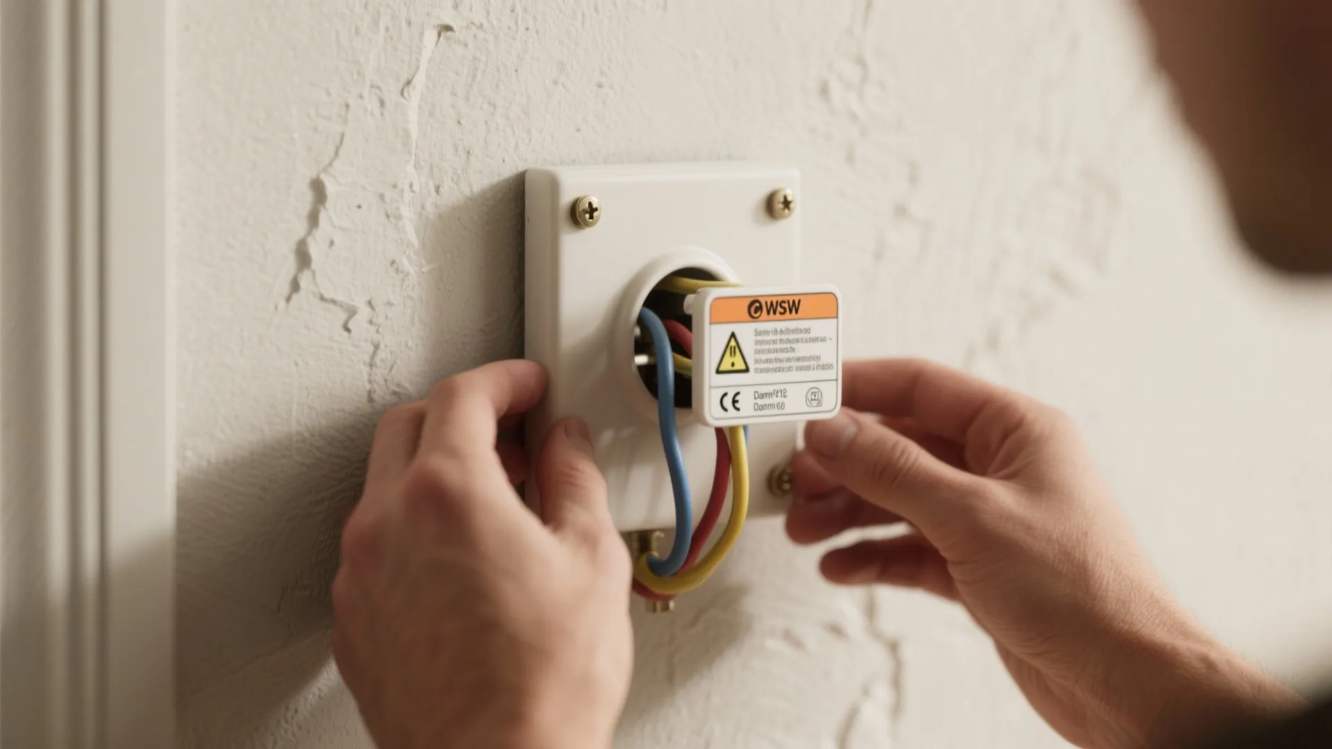Hands installing an electrical wall light base with colored wires on a white textured wall