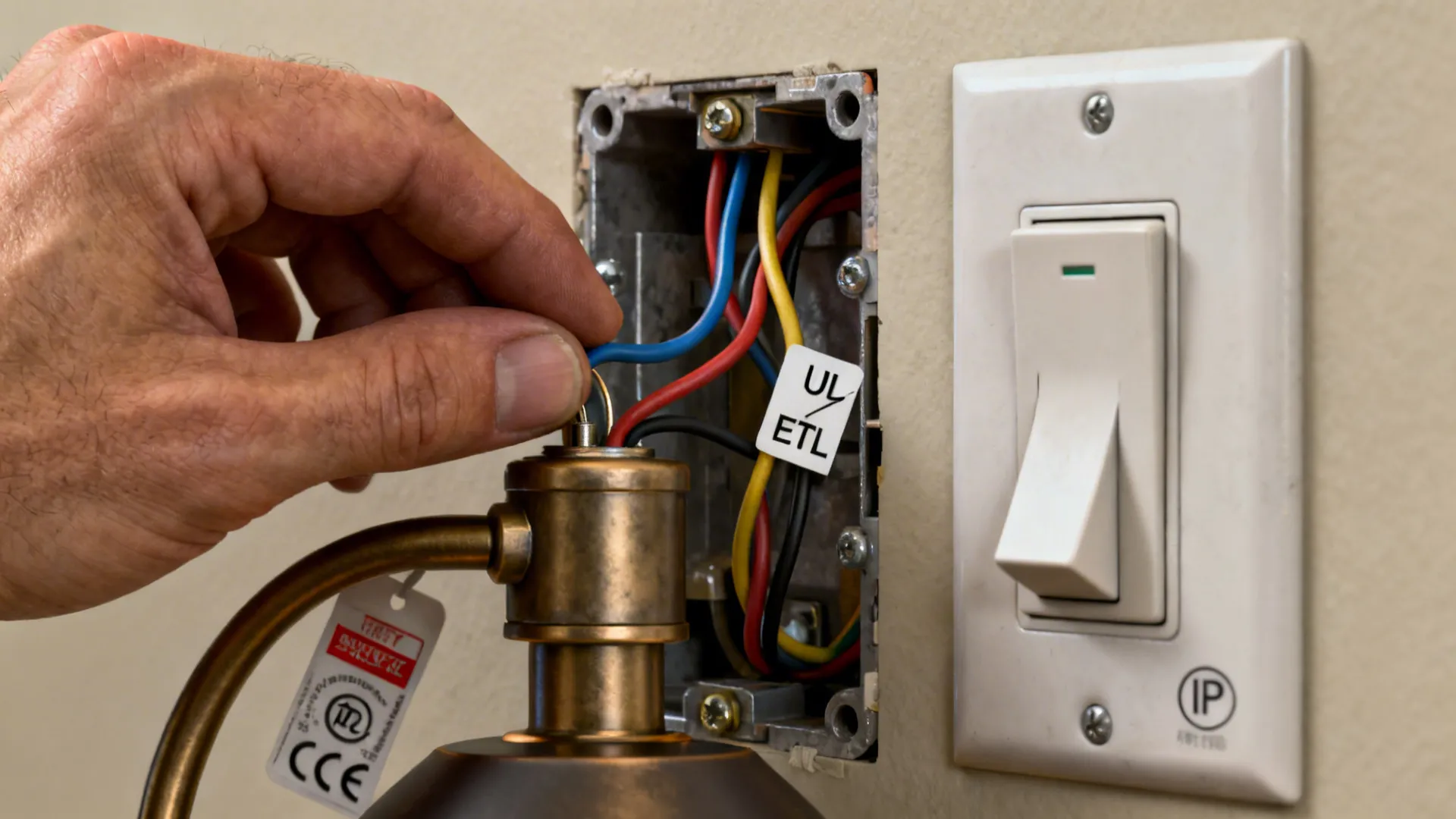 Electrician installing a hardwired wall sconce with UL/ETL label and dimmer module visible for safety and compatibility.