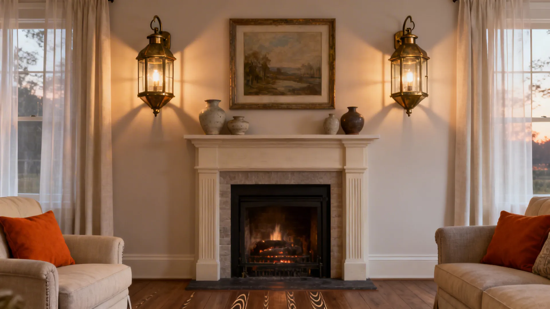 Lantern-style wall sconces in aged brass flanking a fireplace, emitting warm light.