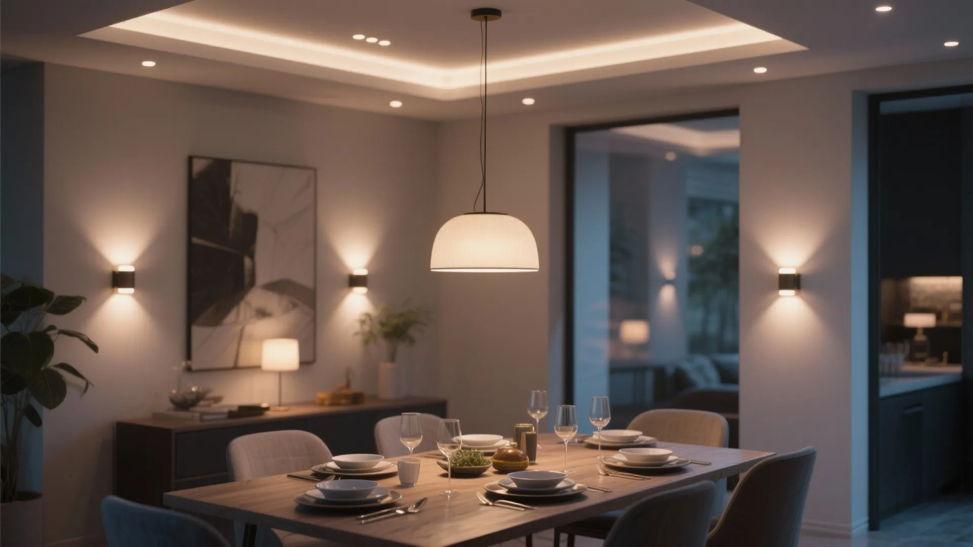 Warm dining room with wooden table set and a large white hanging ceiling light fixture
