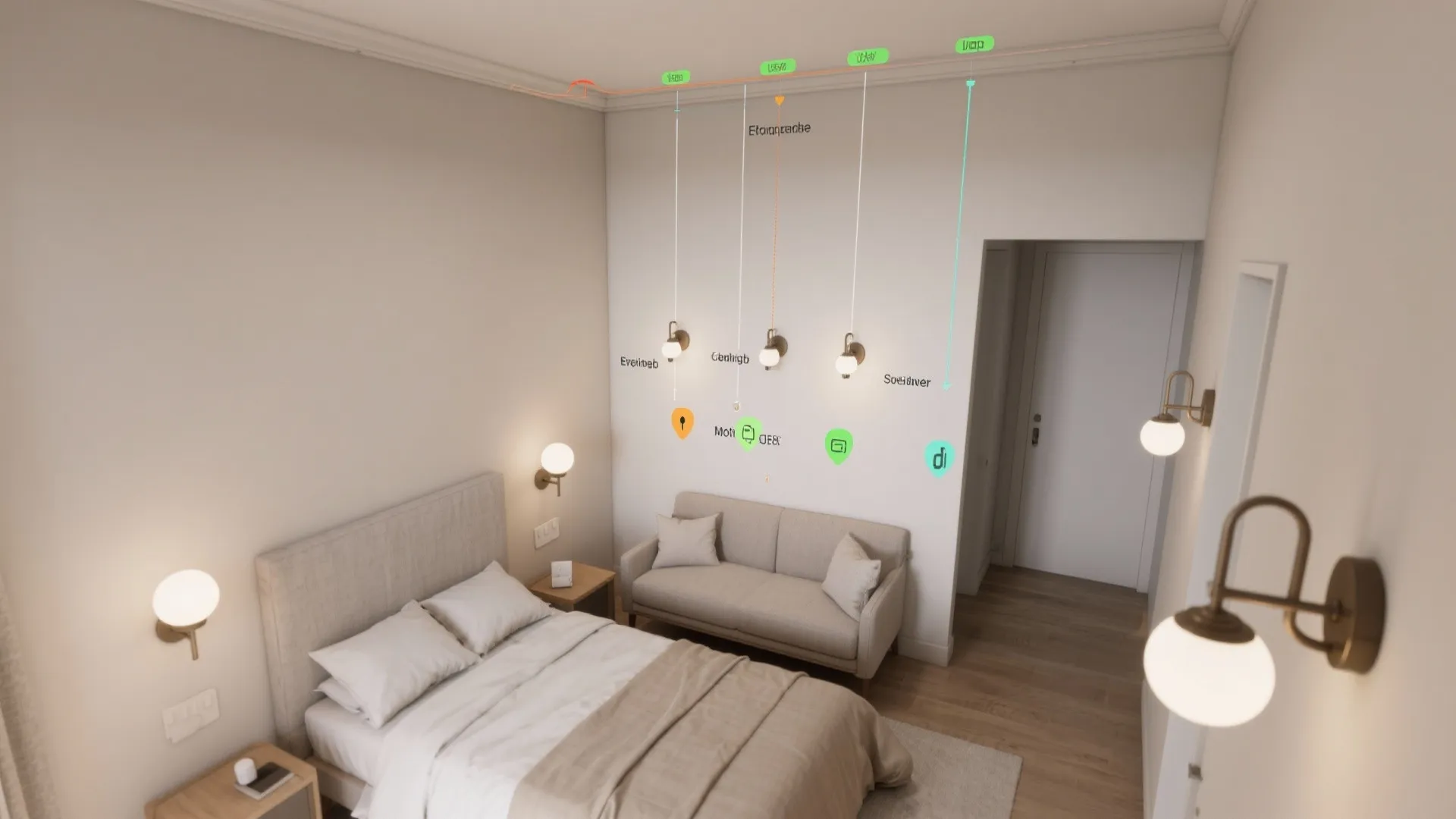 Top-down room planner map showing recommended sconce placements and heights in a small bedroom.