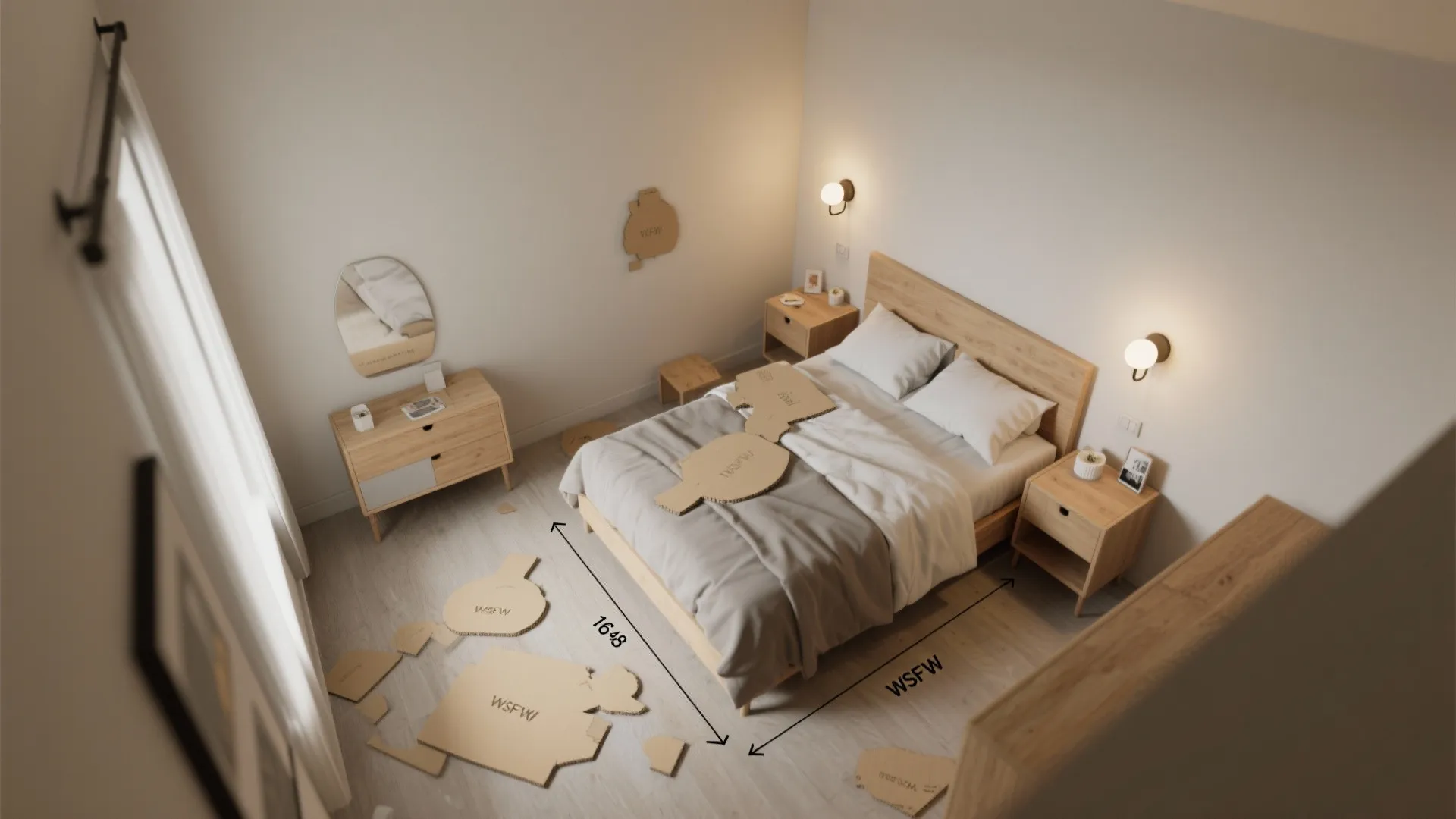 Top-down mock-up showing recommended sconce heights and cardboard cutouts in a small bedroom.