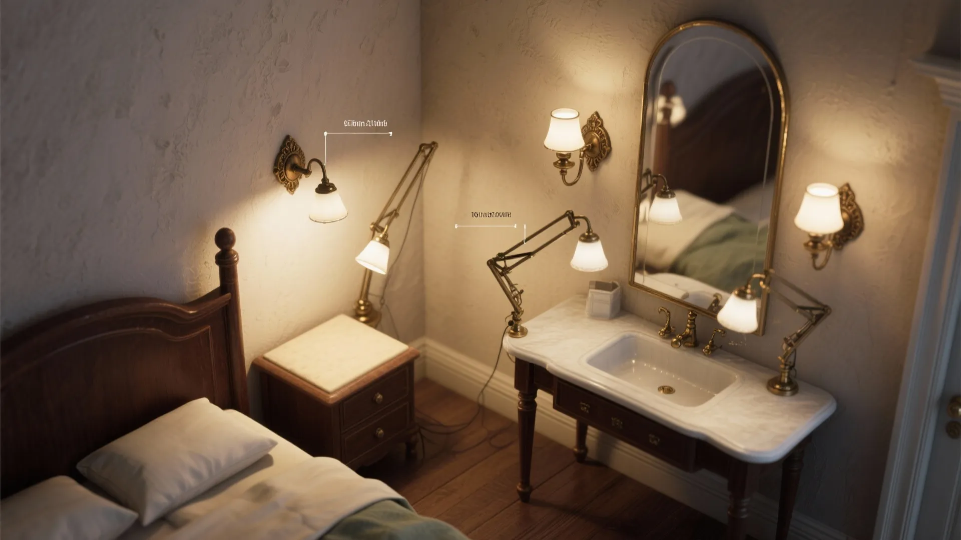 Top-down visualization of swing-arm Victorian sconces placed beside a bed and above a vanity showing adjustable positions.
