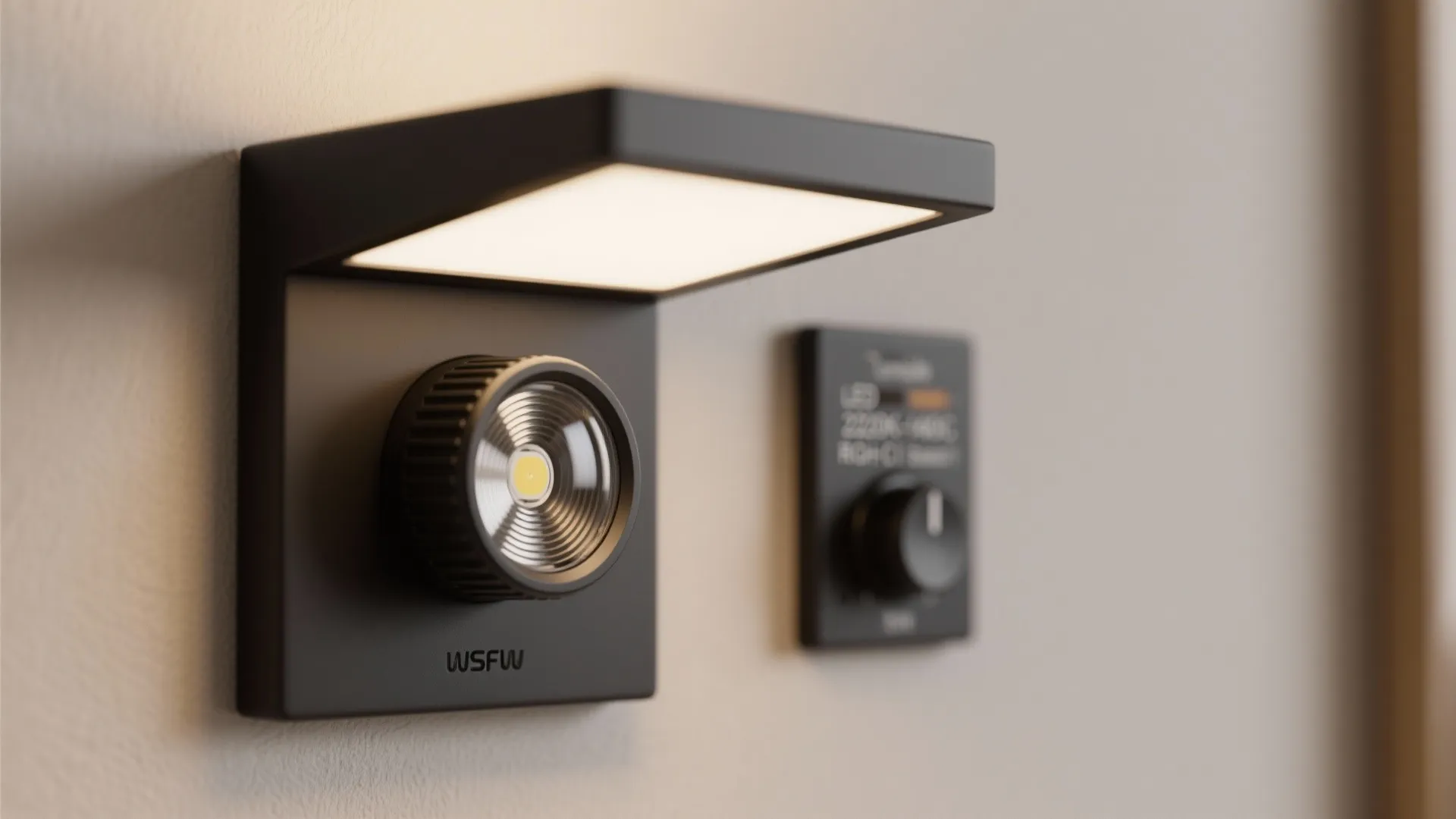 Macro of a wall sconce LED with tunable white and dimmer, high-CRI specification visible.