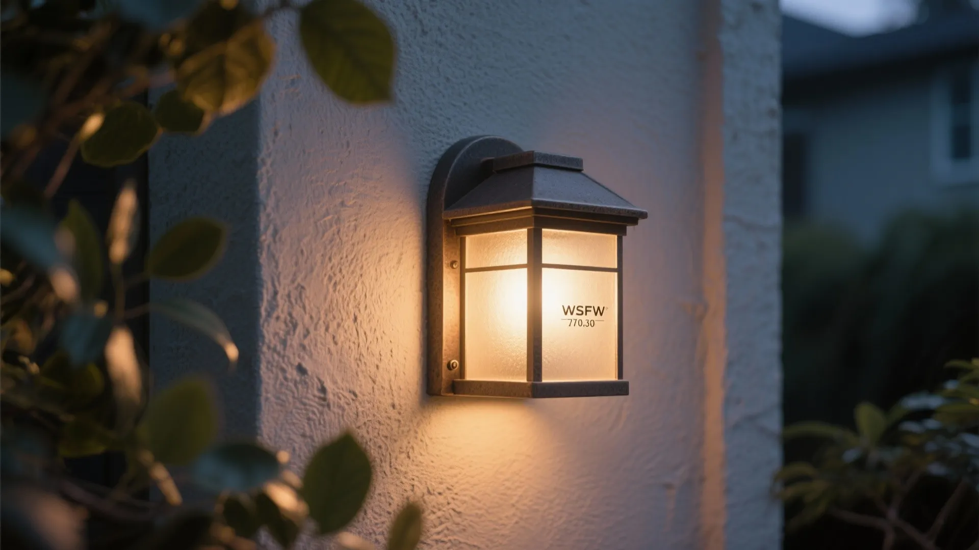 Modern outdoor wall light glowing on a white wall with soft green leaves in foreground