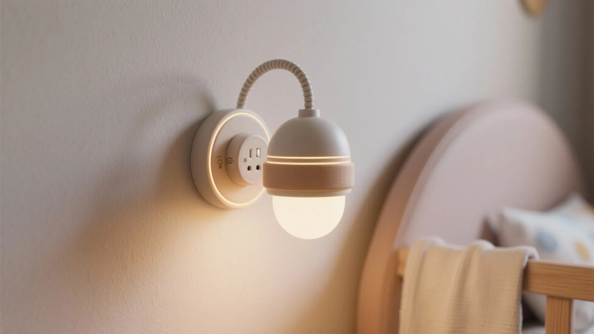 Modern white wall light with flexible arm plugged into a power outlet next to a bed