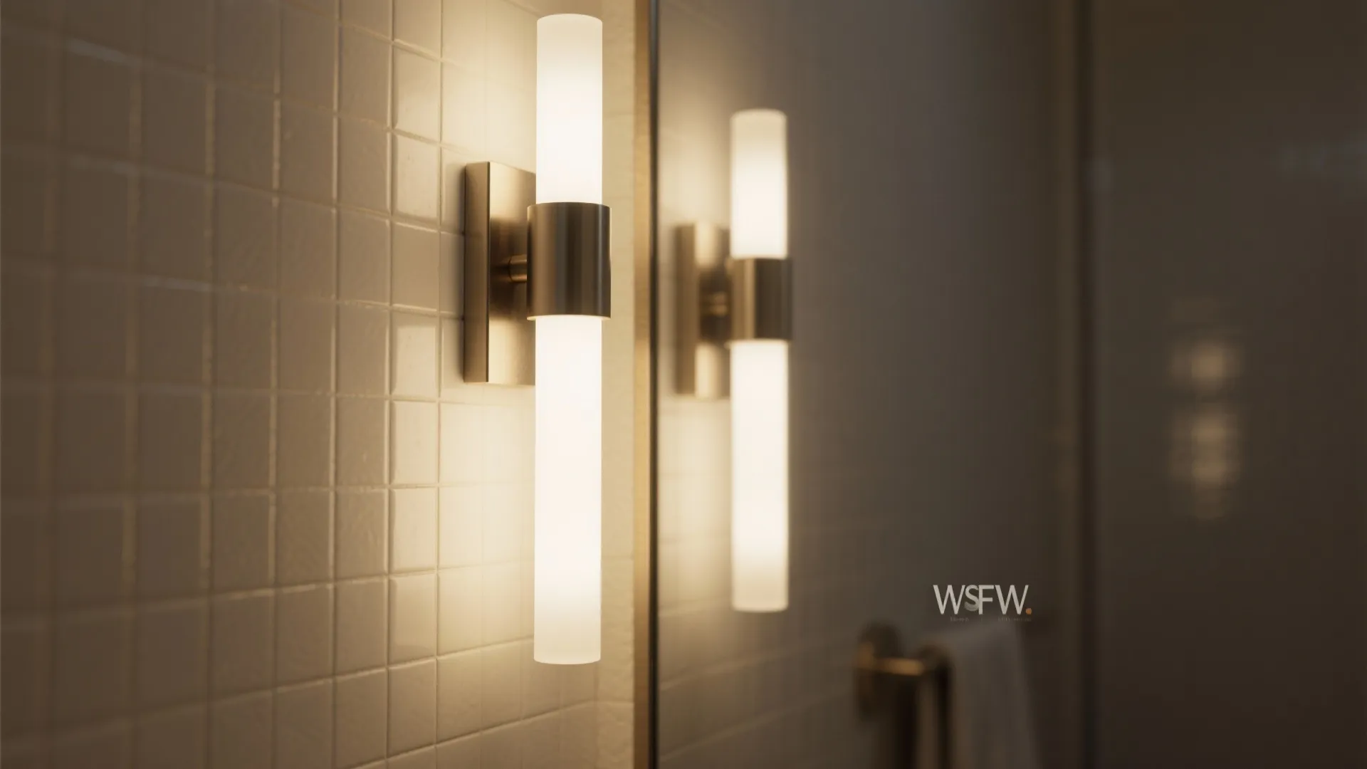 Macro of vertical bathroom sconce with soft diffusion and brushed metal finish.