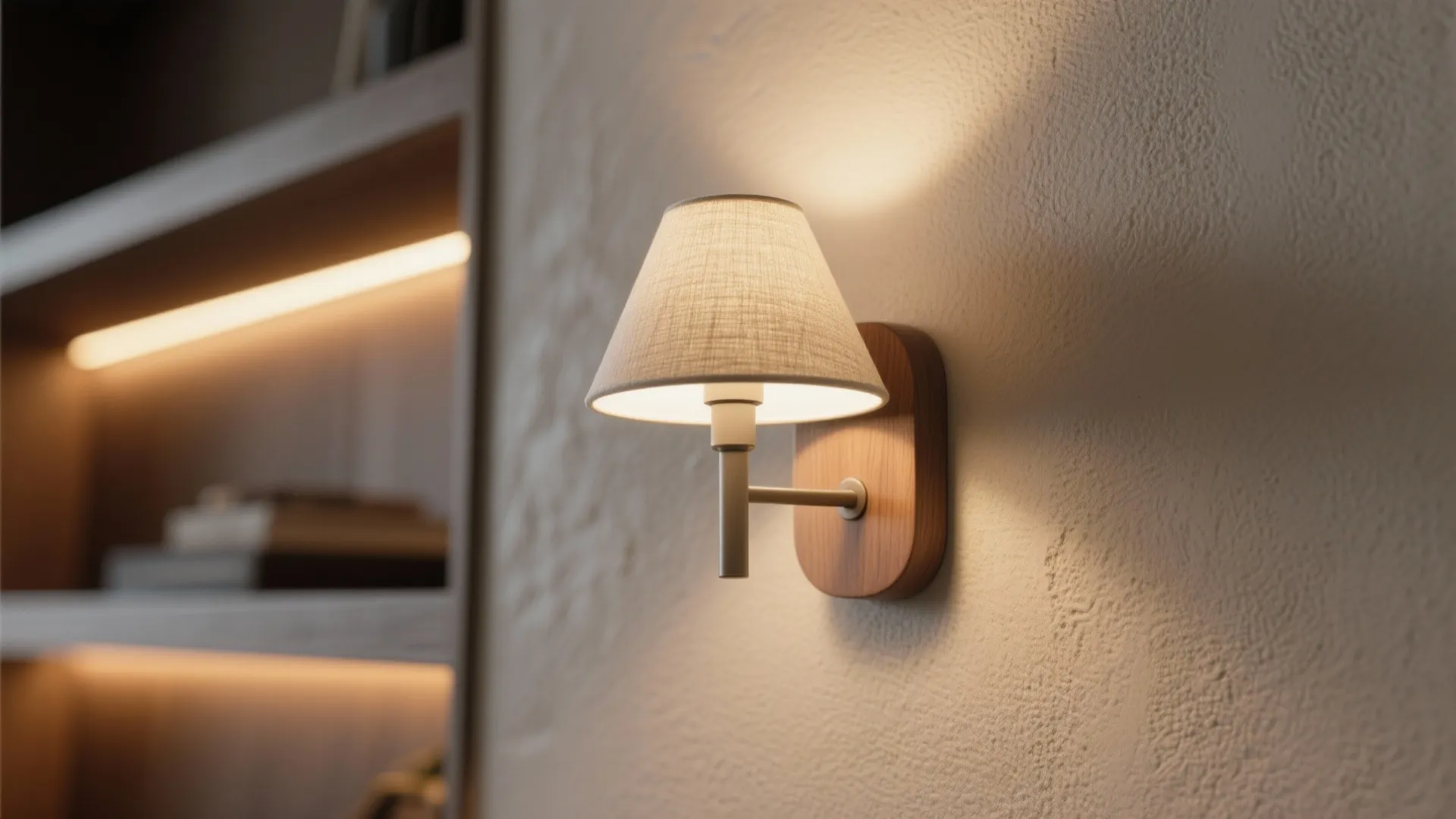 Close up view of a small wall light with a fabric shade and wooden base plate