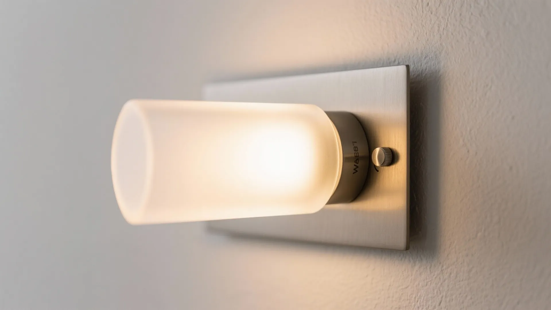Close-up of a matte wall sconce with frosted diffuser emitting warm light.