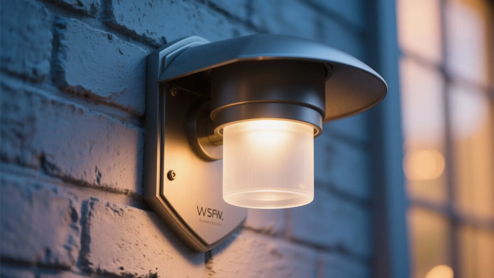 Macro of shielded sconce with frosted diffuser casting warm light on brick.