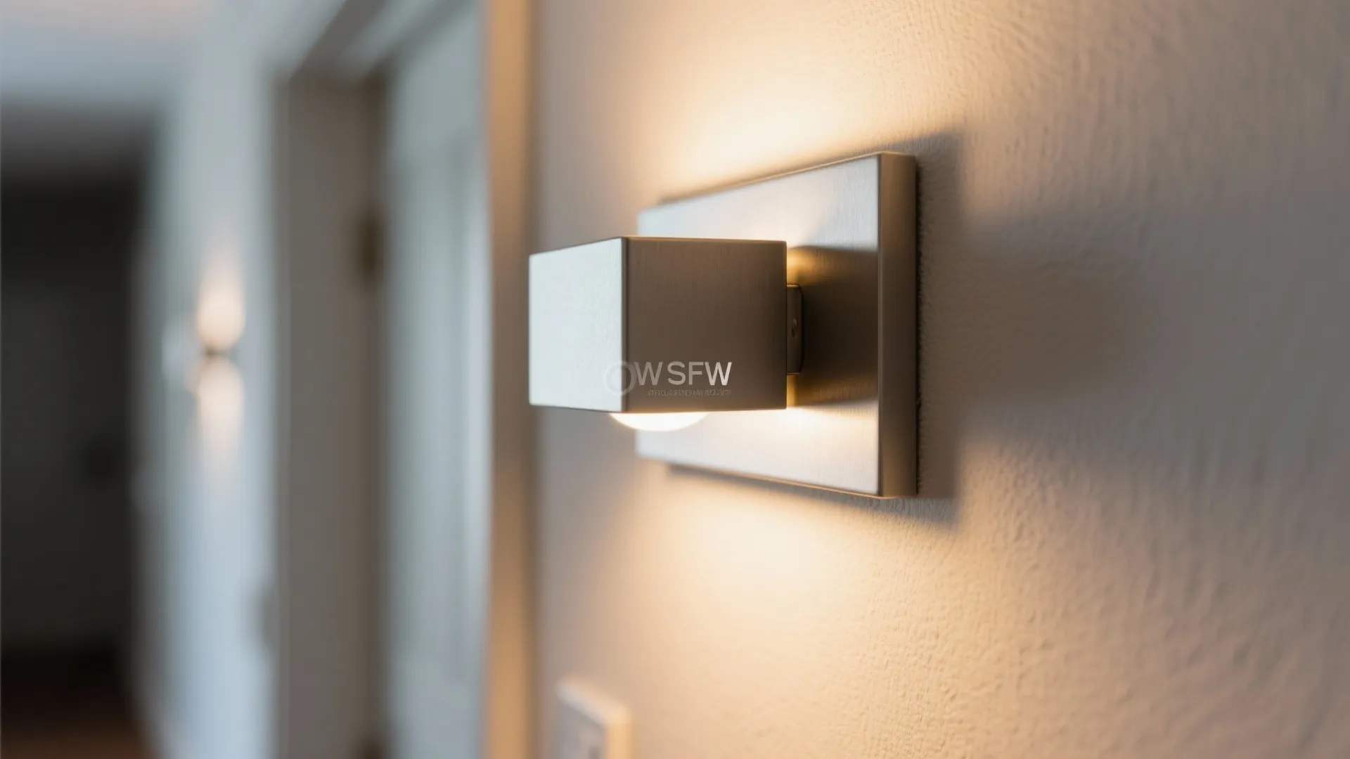 Close up view of a modern silver square wall light glowing on a textured wall