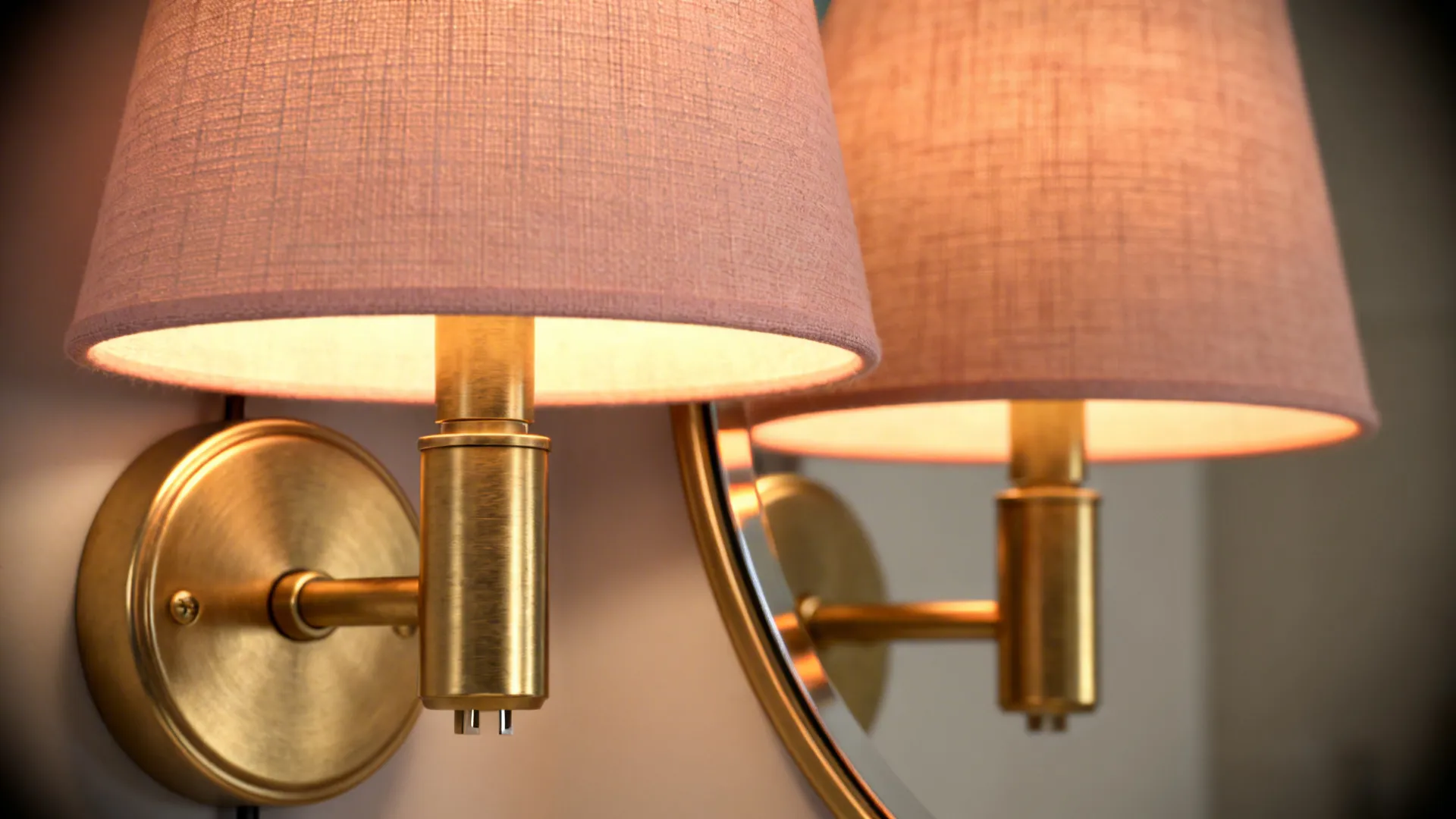 Close up of brass wall light with pink fabric shade reflected in a round mirror