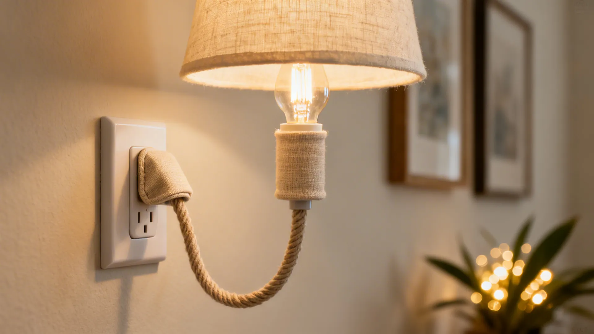 Close-up of linen-shaded plug-in sconce with warm LED and tidy cord cover on a neutral wall.