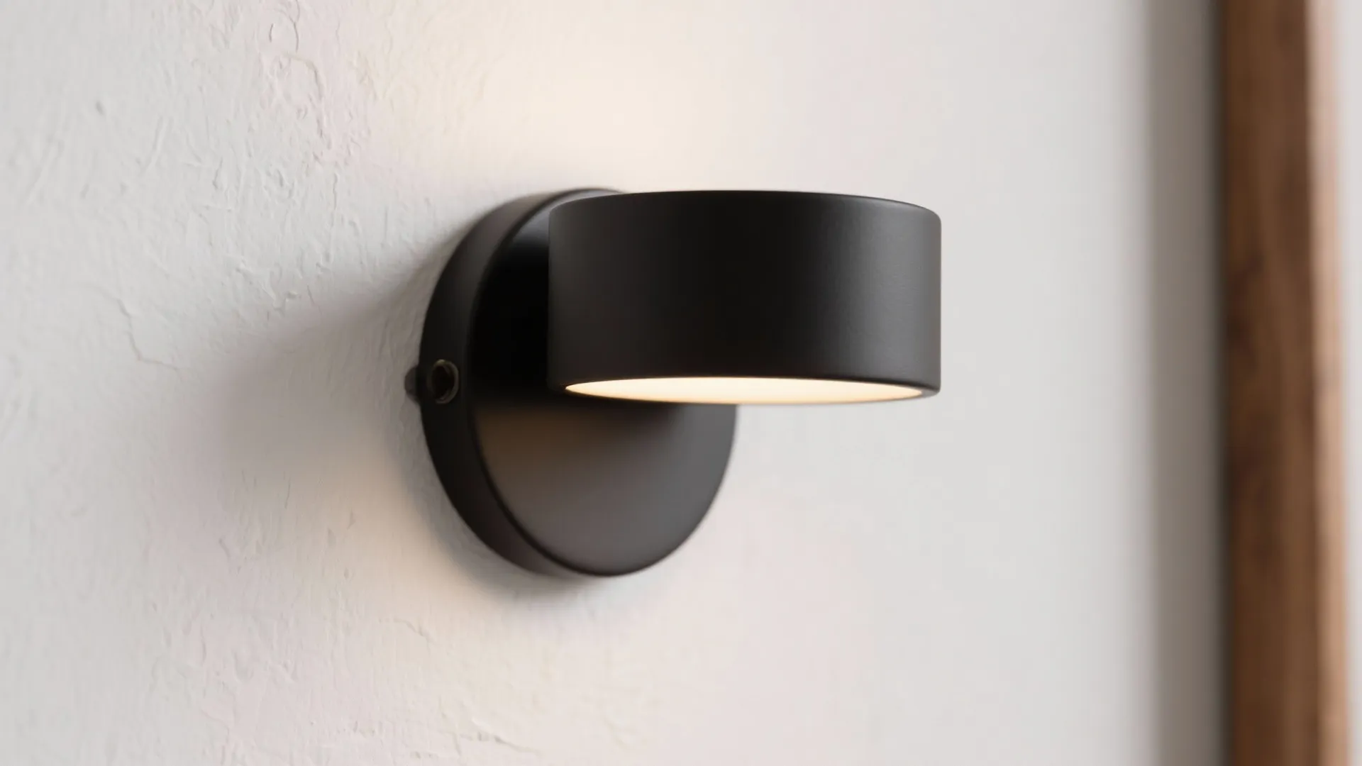 Close-up of a matte black sconce with warm LED creating a soft wall wash on white paint.