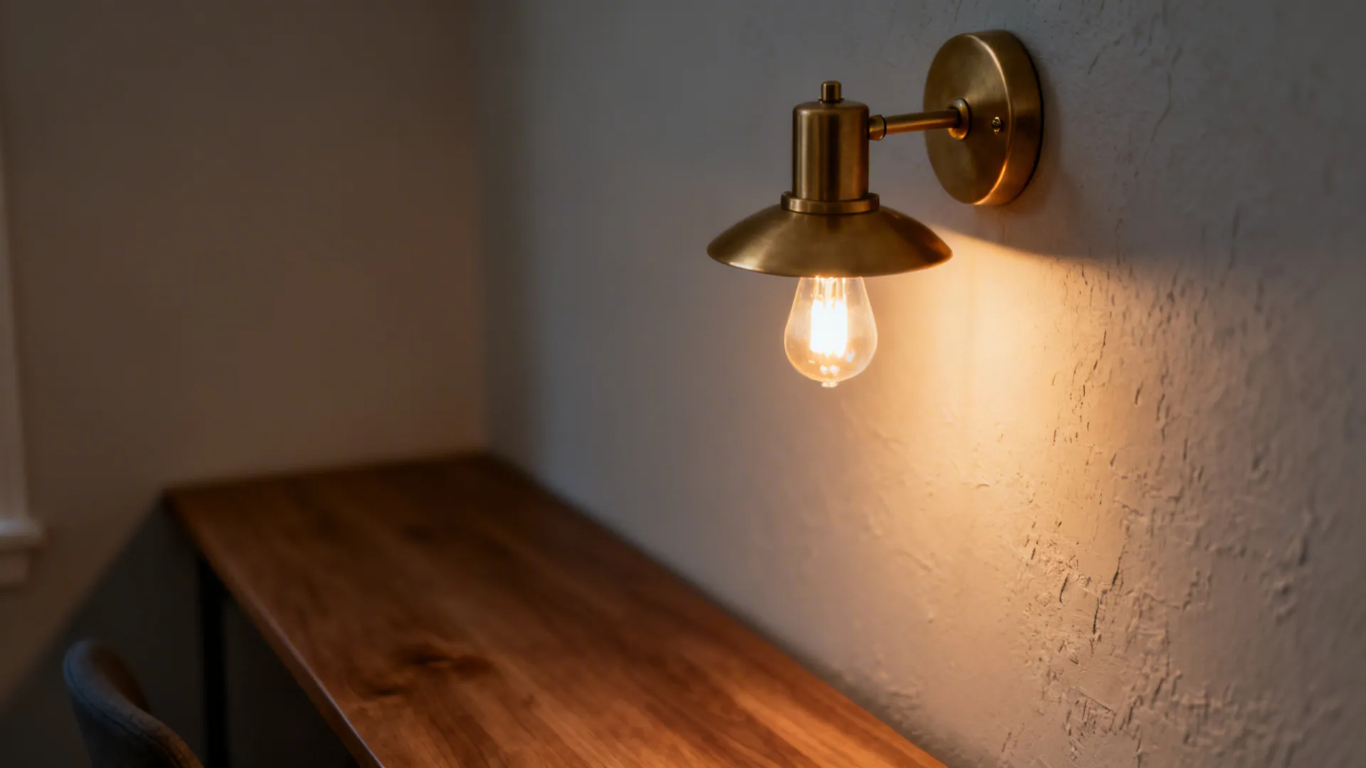 Close-up of a brass wall sconce glowing warmly above an oak desk surface.