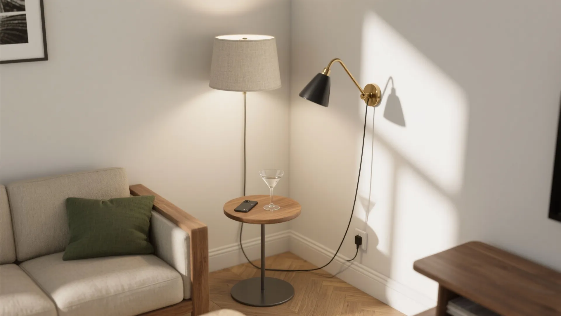 Living room corner with beige sofa green pillow wooden side table floor lamp wall light