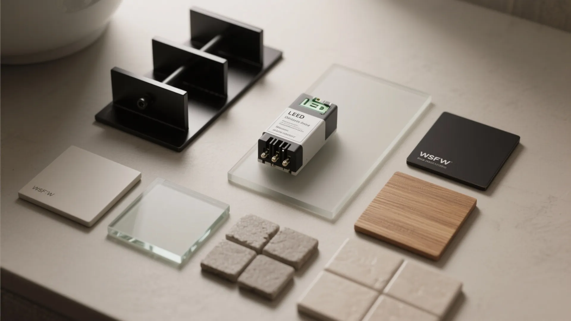 Flatlay of matte and satin black finish samples, frosted glass and LED driver components