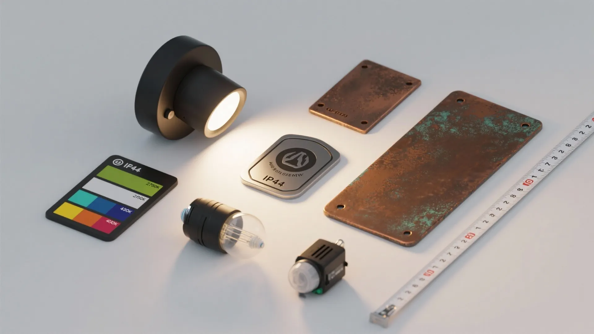 Flatlay of sconce finishes, LED color swatches, IP rating badge and motion sensor sample