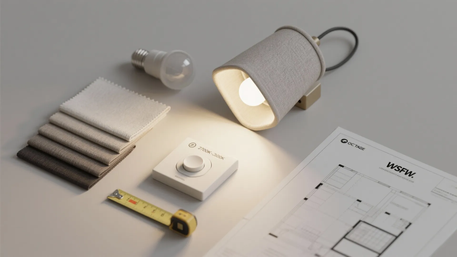 Flatlay of fabric swatches, a warm LED bulb, dimmer, moisture-rated fixture note, measuring tape and a 3D floor planner printout.