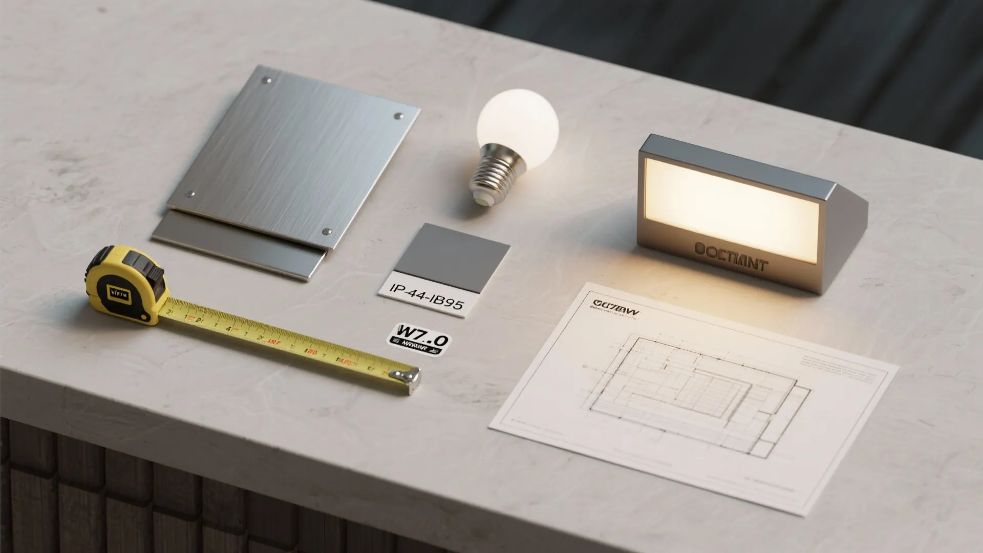 A flat lay of wall light materials including measuring tape bulb light fixture and floor plan