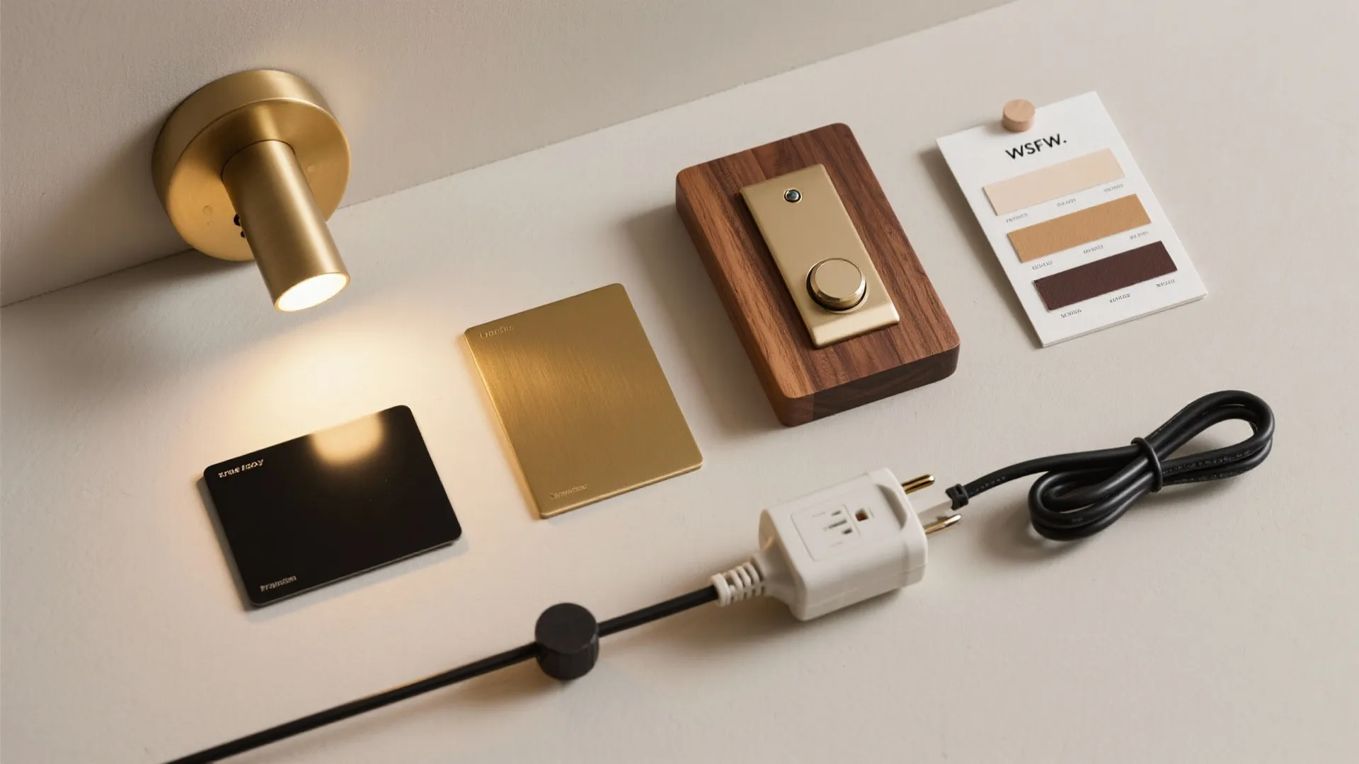 Interior design materials including gold wall light wooden switch and color palette on white table